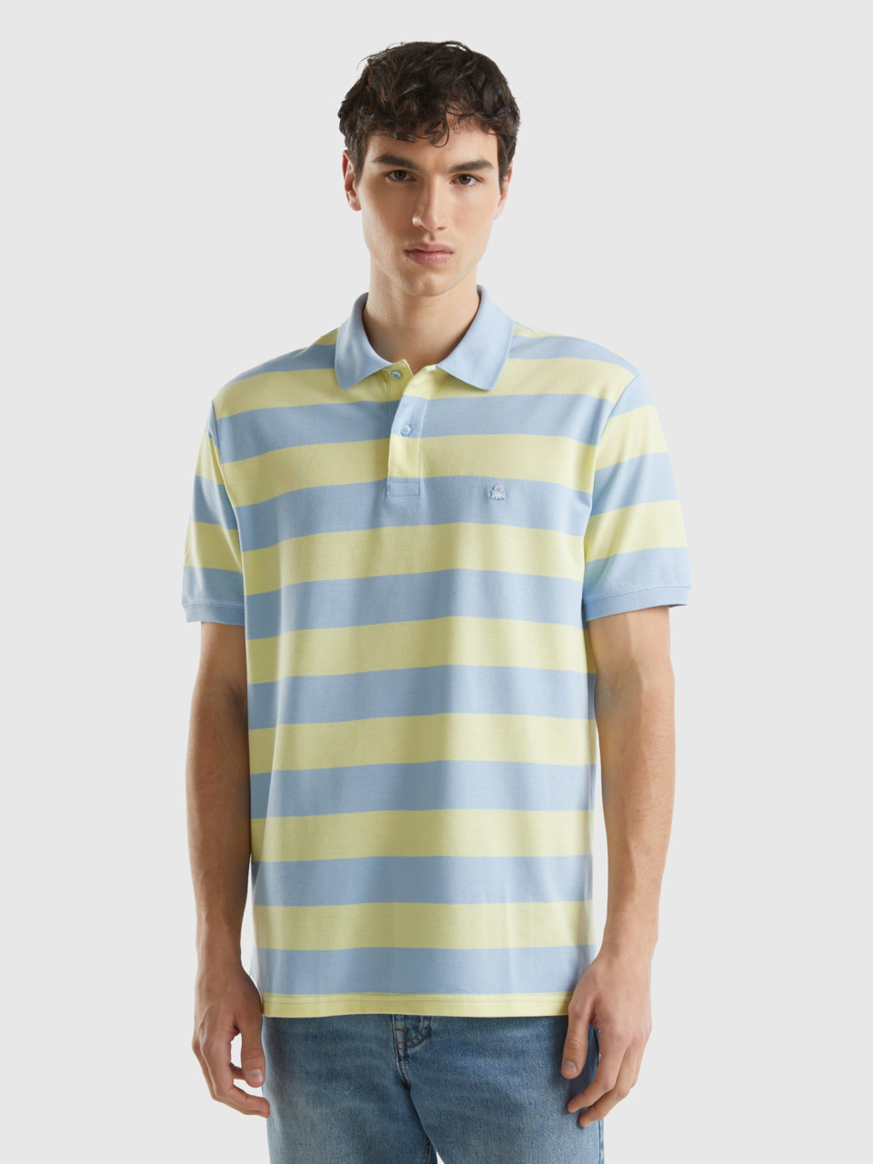 Benetton, Polo With Sky Blue And Light Yellow Stripes, Multi-color, Men