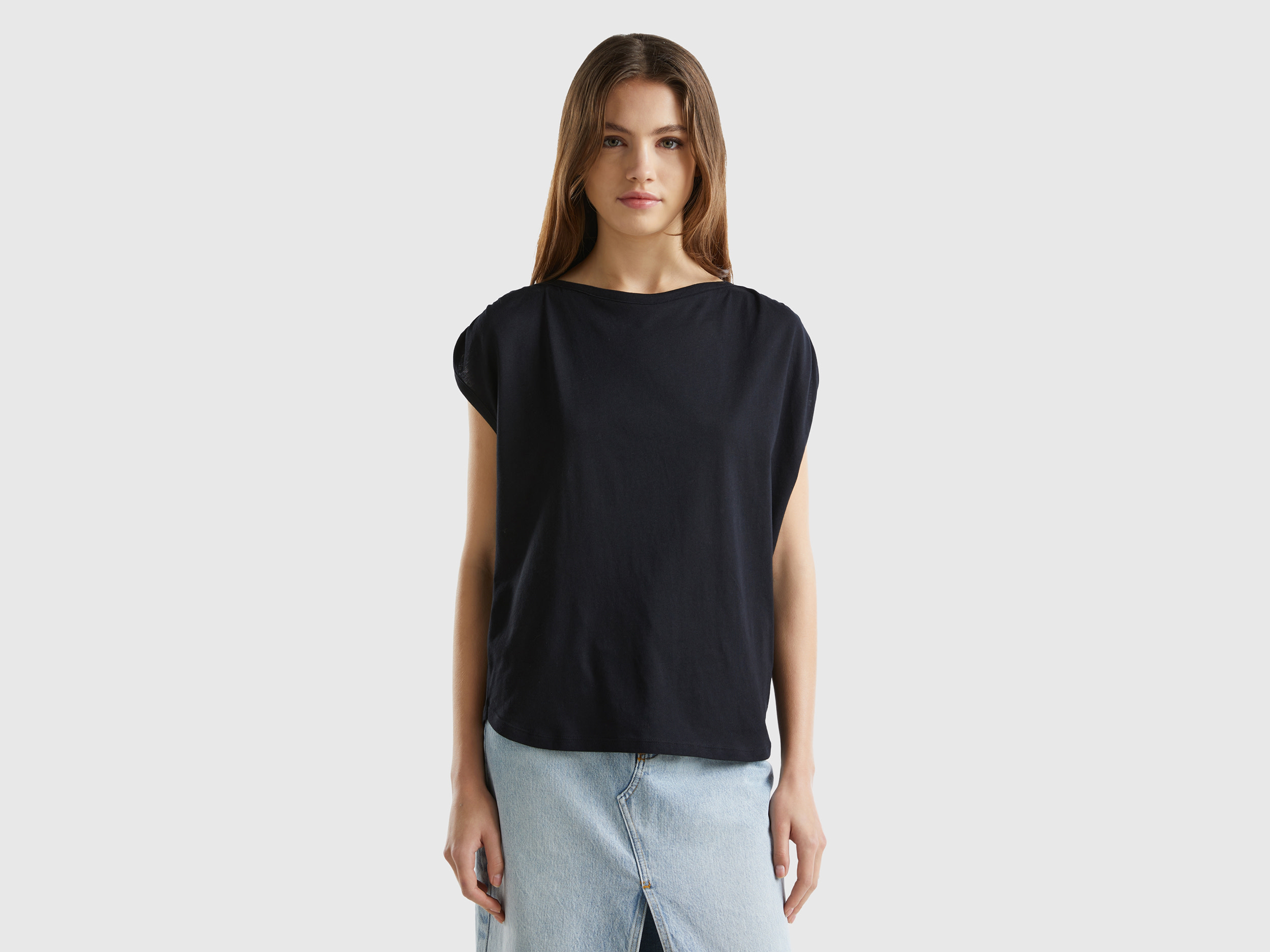 Benetton, Top Girocollo Regular Fit, Nero, Donna