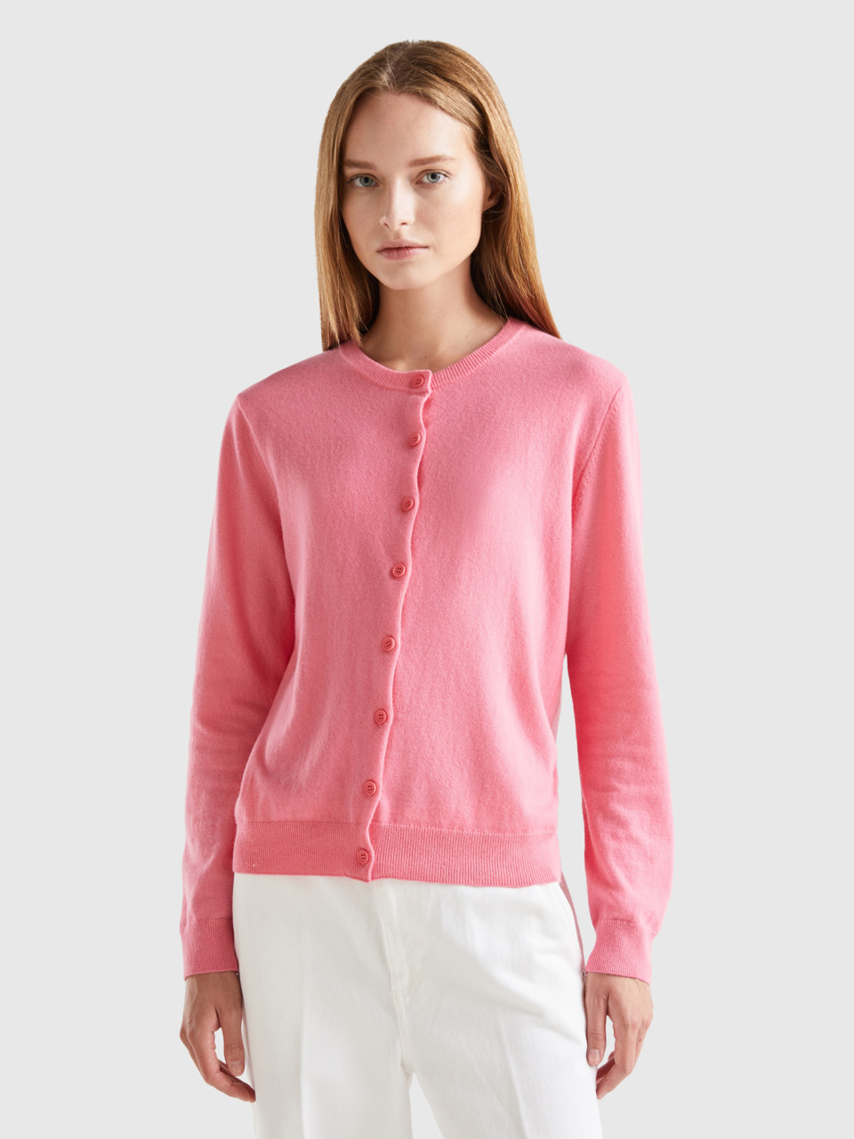 Benetton, Red Cardigan In Cashmere And Wool Blend, Pink, Women