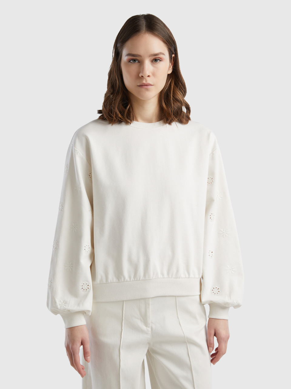 Benetton, Sweatshirt With Floral Embroidery, Creamy White, Women