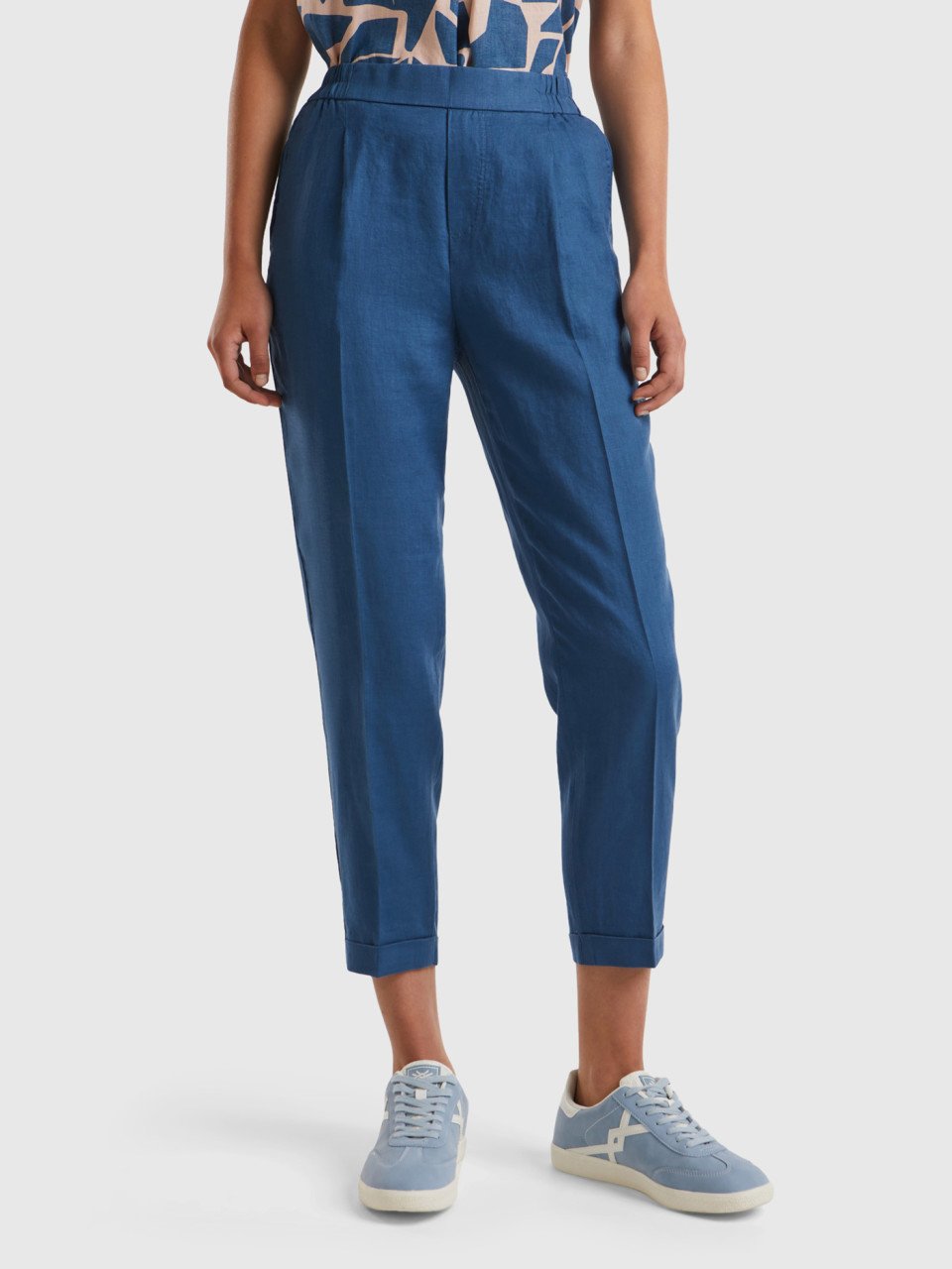 Benetton, Regular Fit Pure Linen Trousers, Air Force Blue, Women