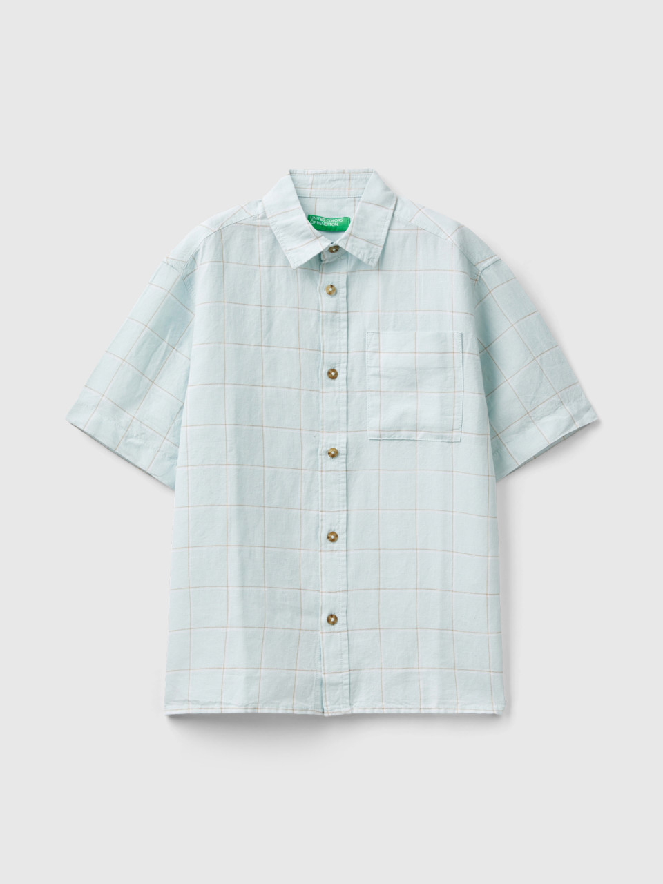 Benetton, Check Shirt In Linen Blend, Aqua, Kids