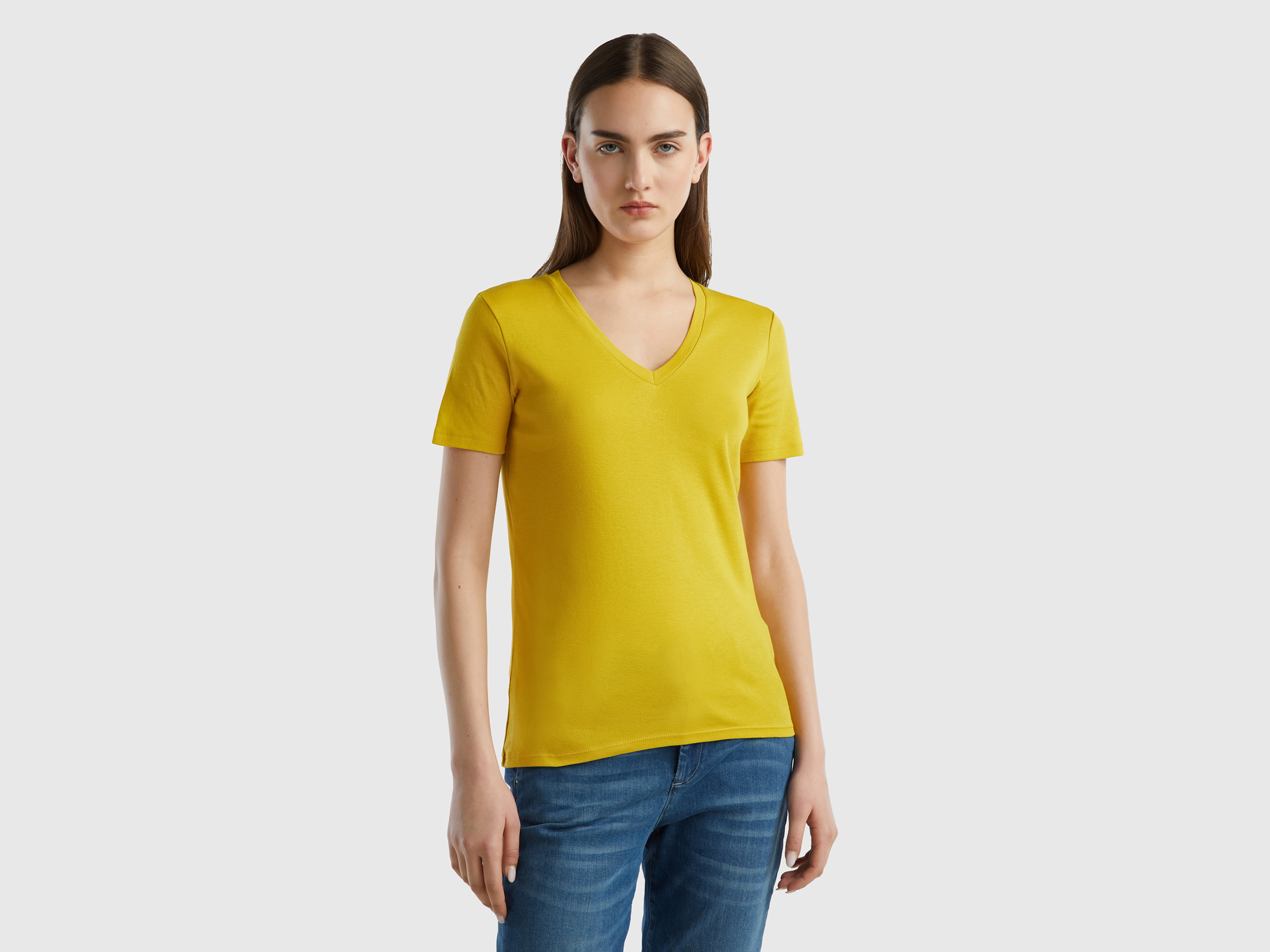 Benetton, Pure Cotton T-shirt With V-neck, size XL, Yellow, Women