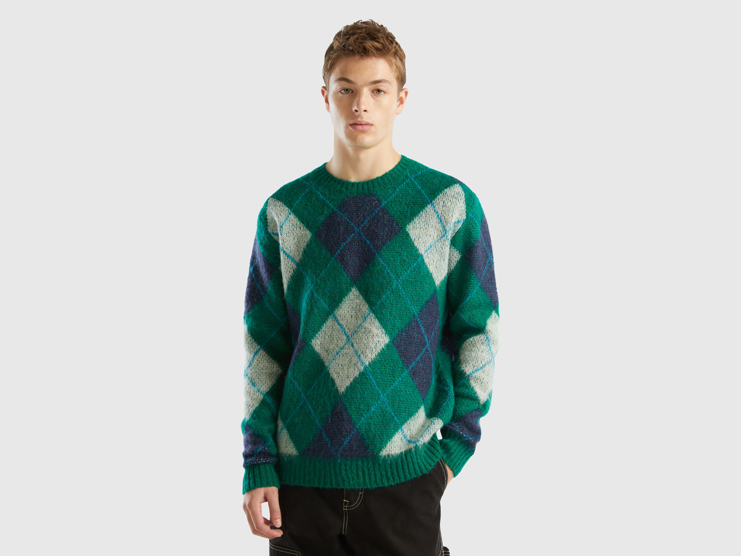 Benetton, Jacquard Sweater With Diamonds, size M, Green, Men