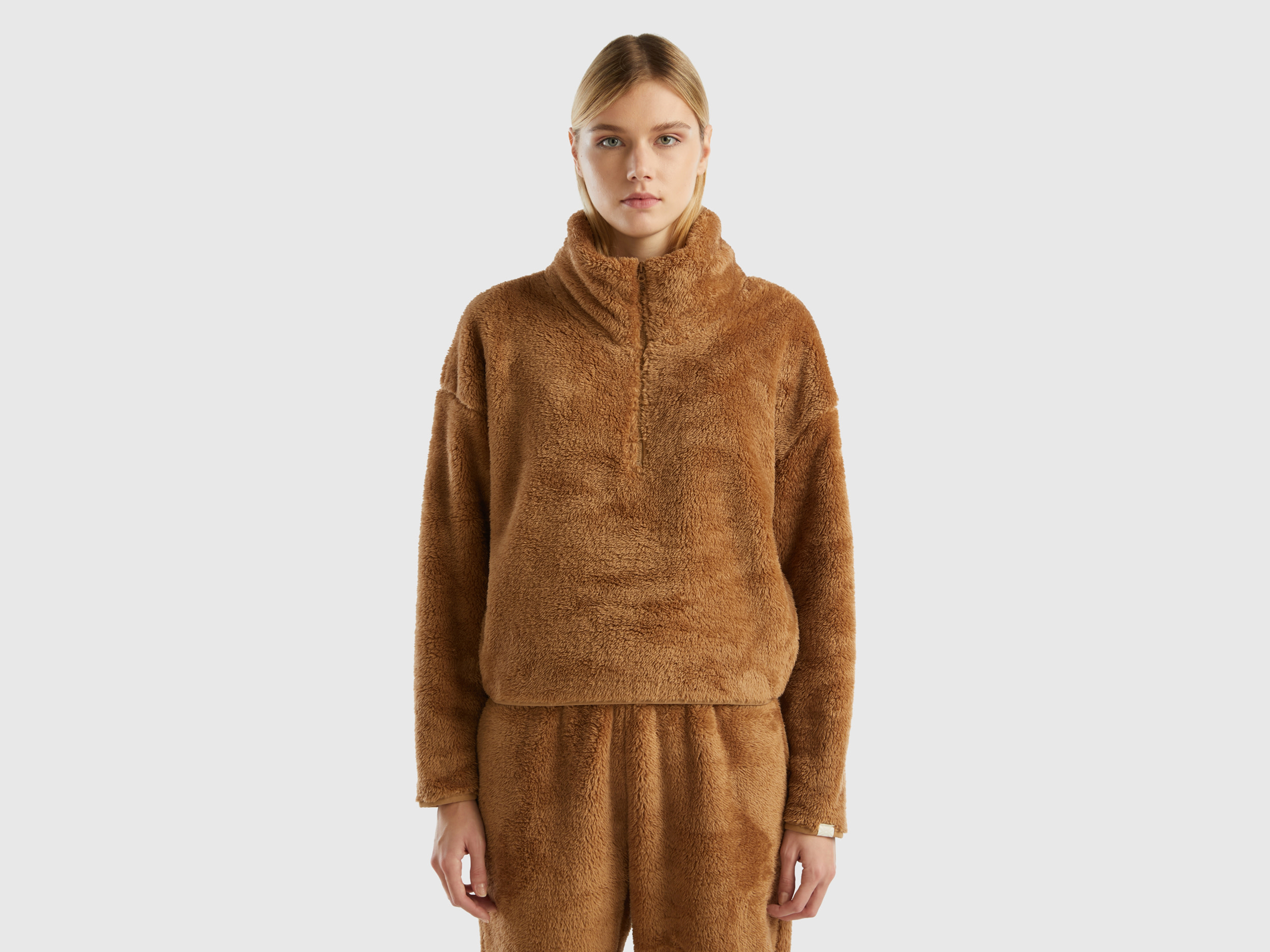 Benetton, Half-zip Fur Sweatshirt, size M, Camel, Women