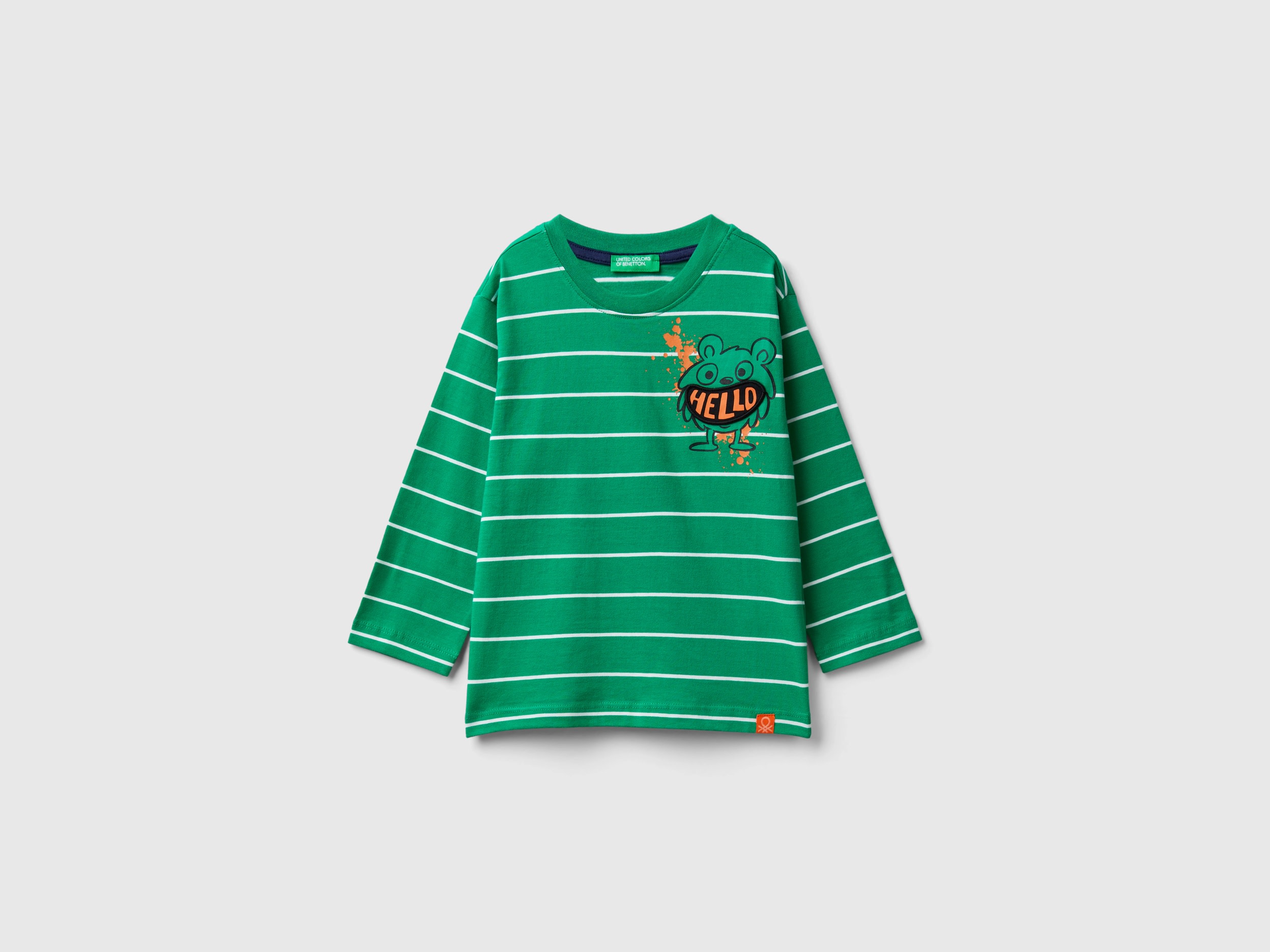 Benetton, T-shirt A Righe Con Applicazione, Verde, Bambini