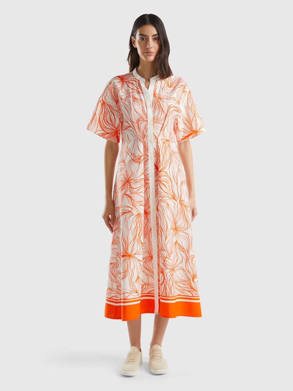 Benetton, Long Shirt Dress In Sustainable Viscose Blend, Orange, Women