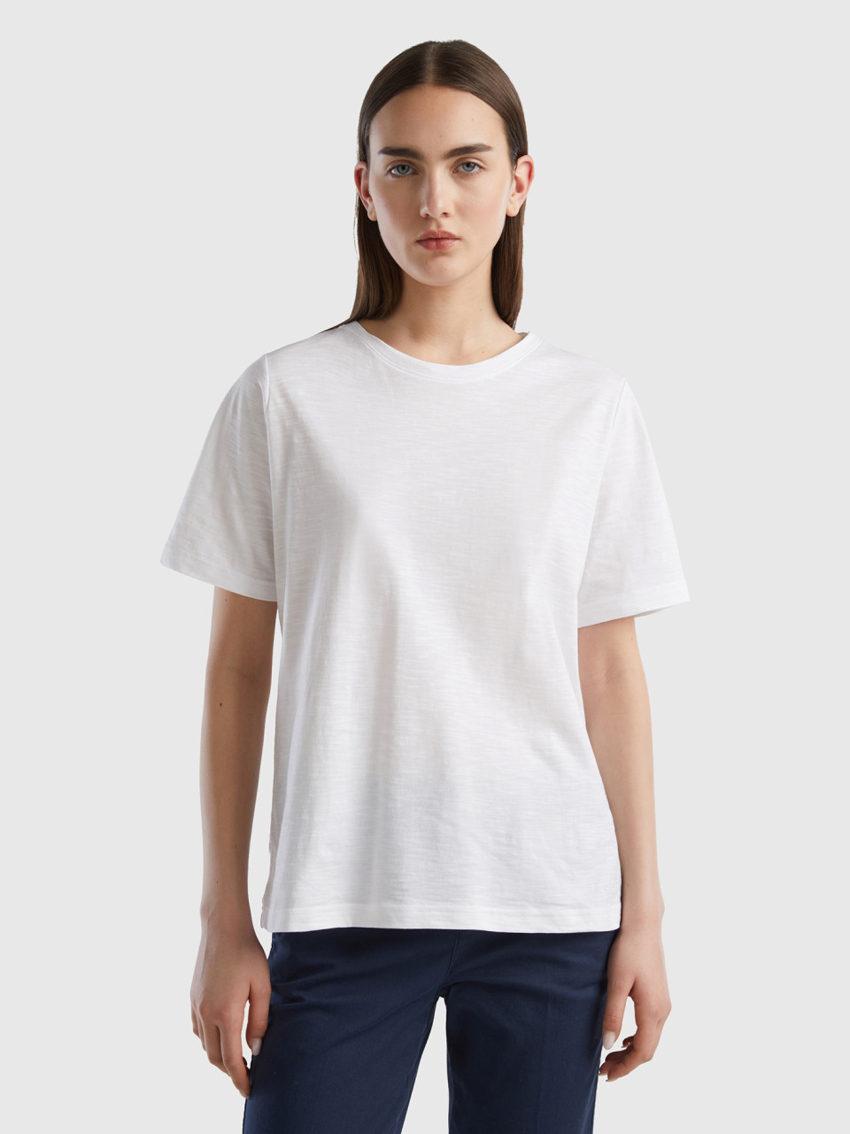 Benetton, Crew Neck T-shirt In Slub Cotton, White, Women