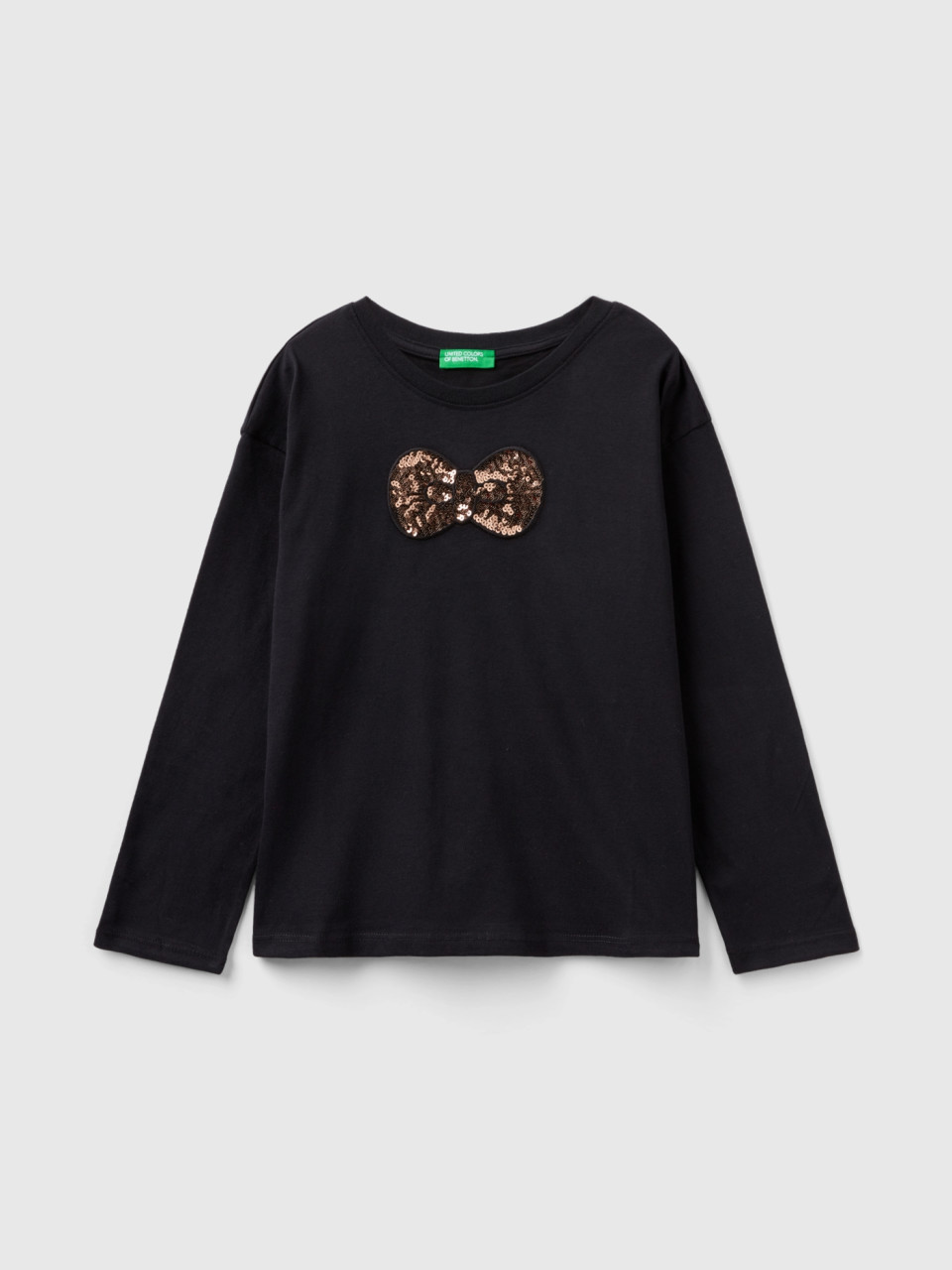 Benetton, T-shirt En Coton Chaud À Paillettes, Noir, Enfants