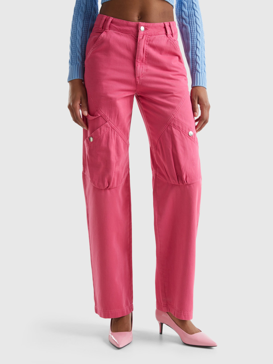 Benetton, Cargo Trousers In Cotton, Fuchsia, Women