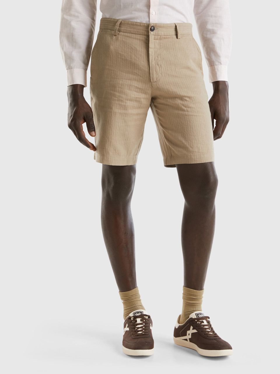 Benetton, Striped Shorts In Linen Blend, Dove Gray, Men