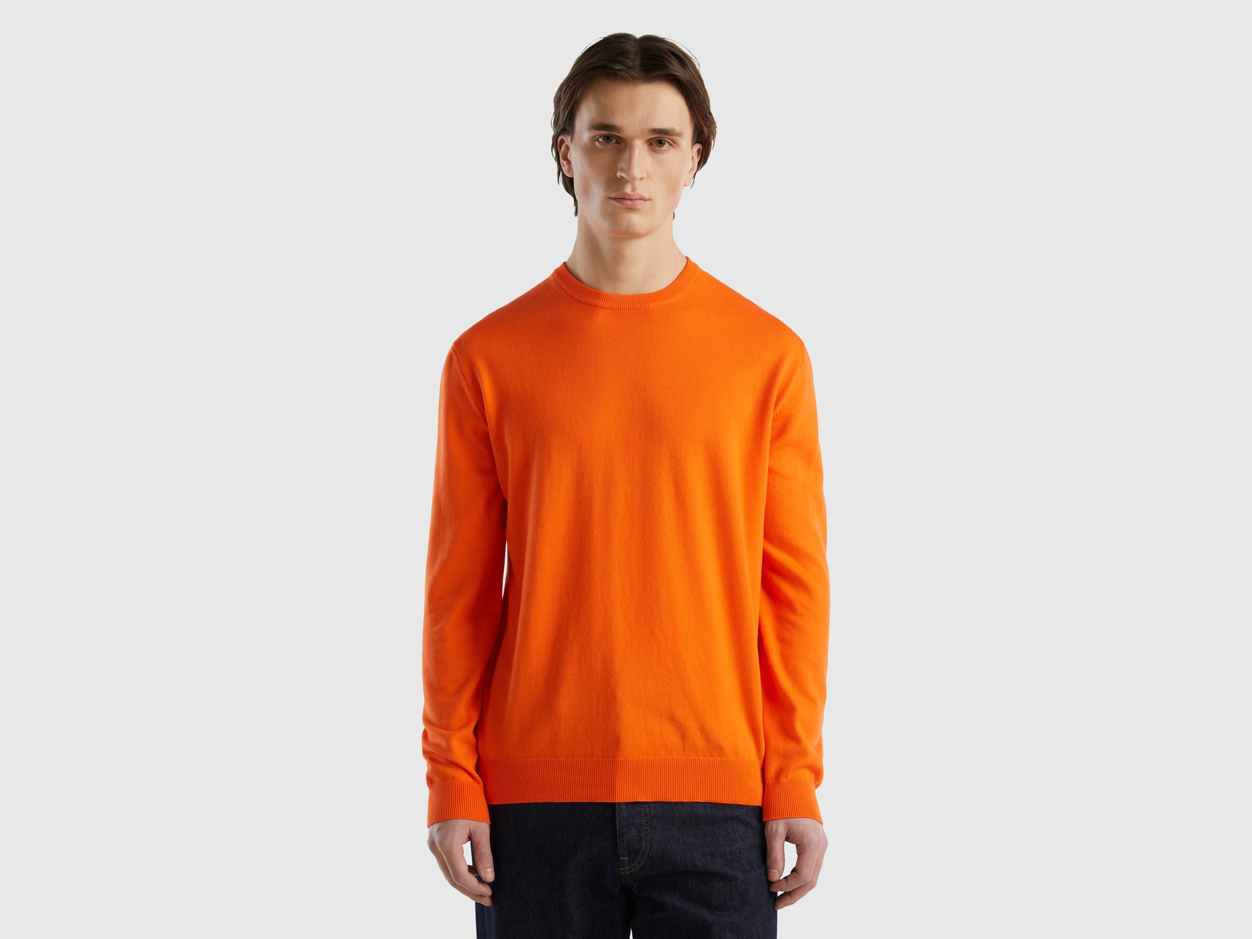 Benetton, Crew Neck Sweater In 100% Cotton, size XXL, Orange, Men