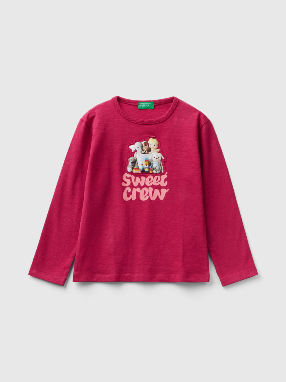 Benetton, T-shirt With Print And Applique, Cyclamen, Kids