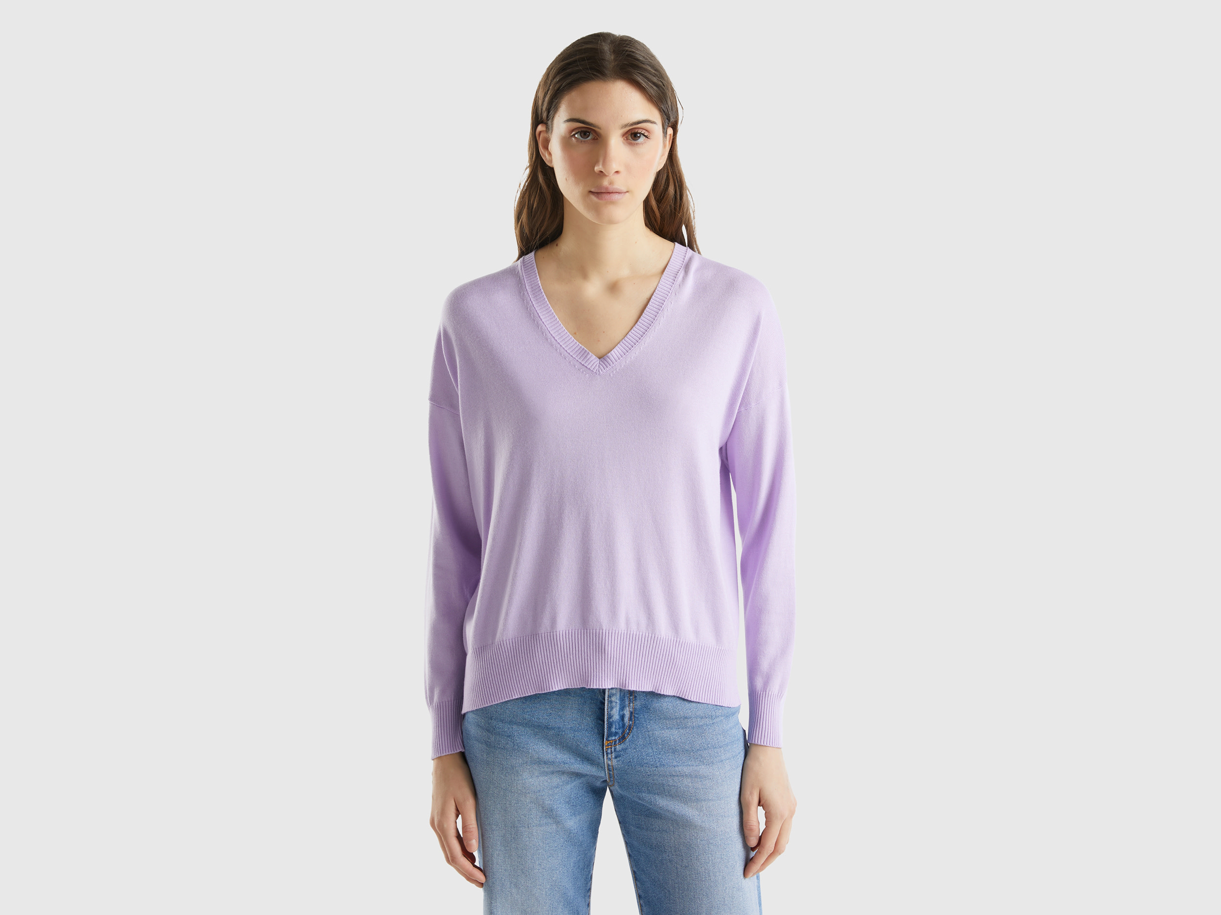 Benetton, Maglia Scollo A V In Misto Modal®, Lilla, Donna