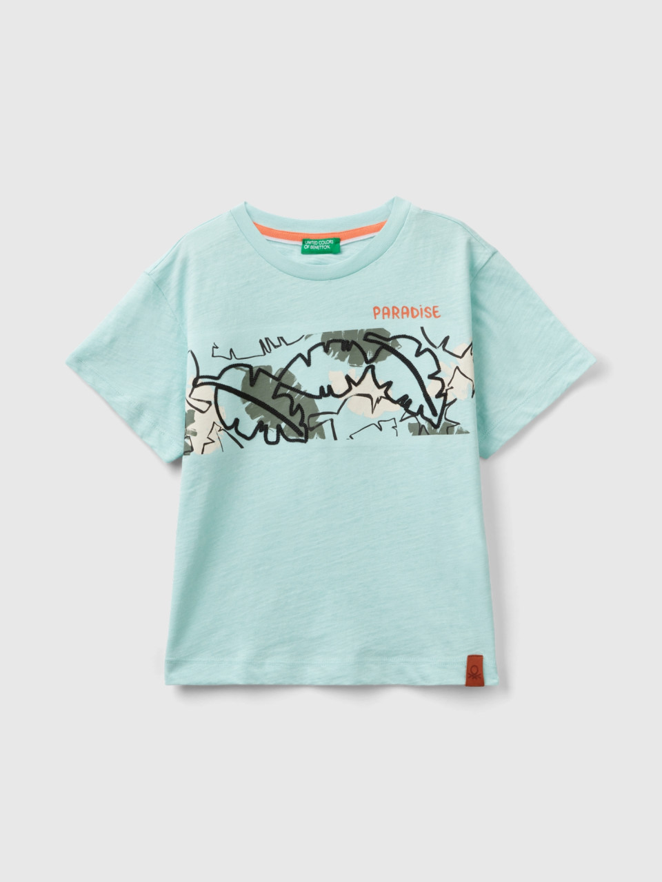Benetton, T-shirt With Exotic Print, Aqua, Kids