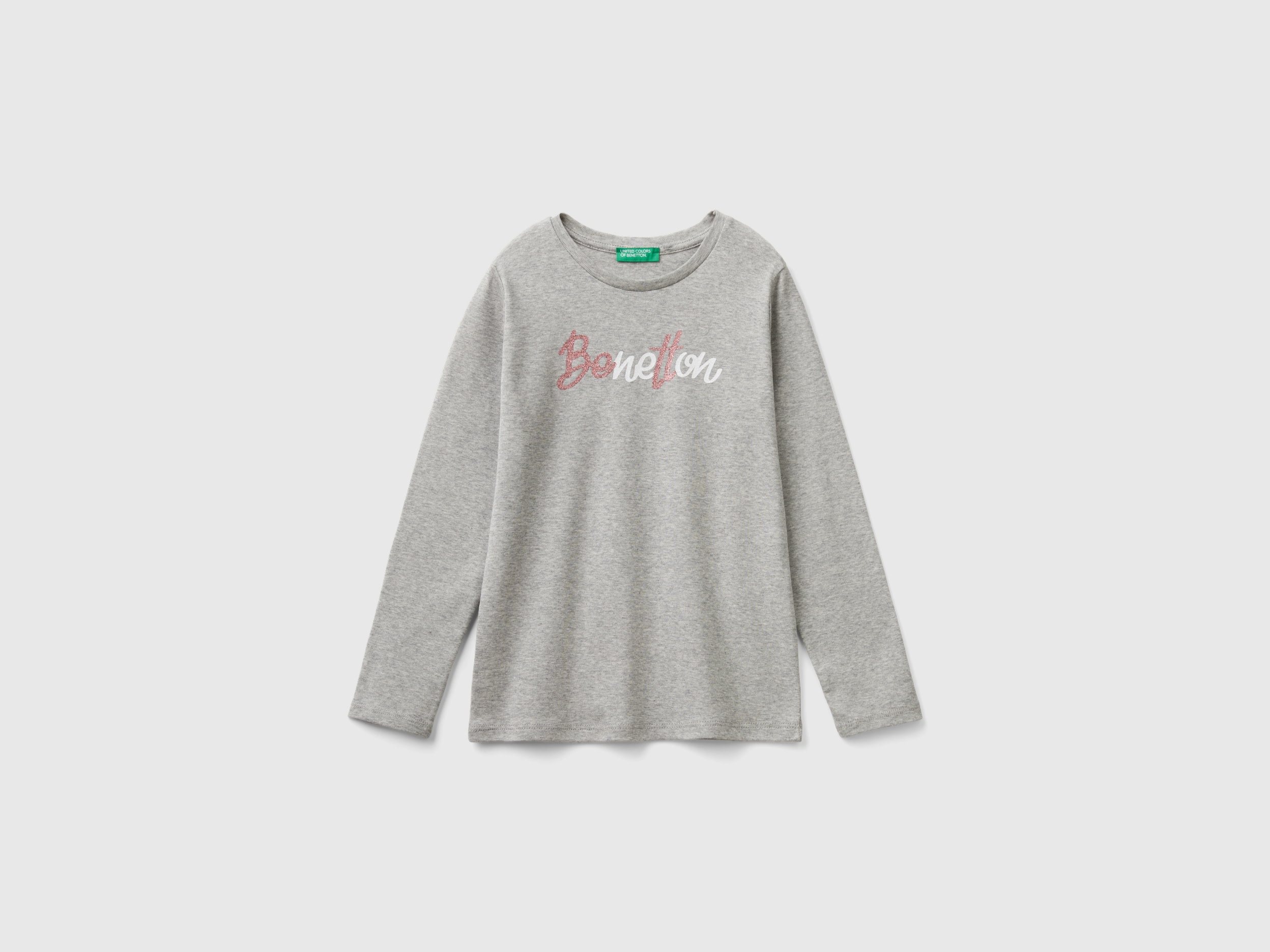 Benetton, T-shirt Manica Lunga Con Stampa Glitter, Grigio Chiaro, Bambini
