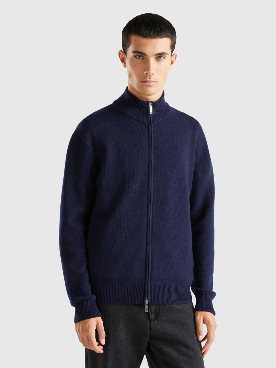 Benetton, Zip-up Sweater In Wool Blend, Dark Blue, Men
