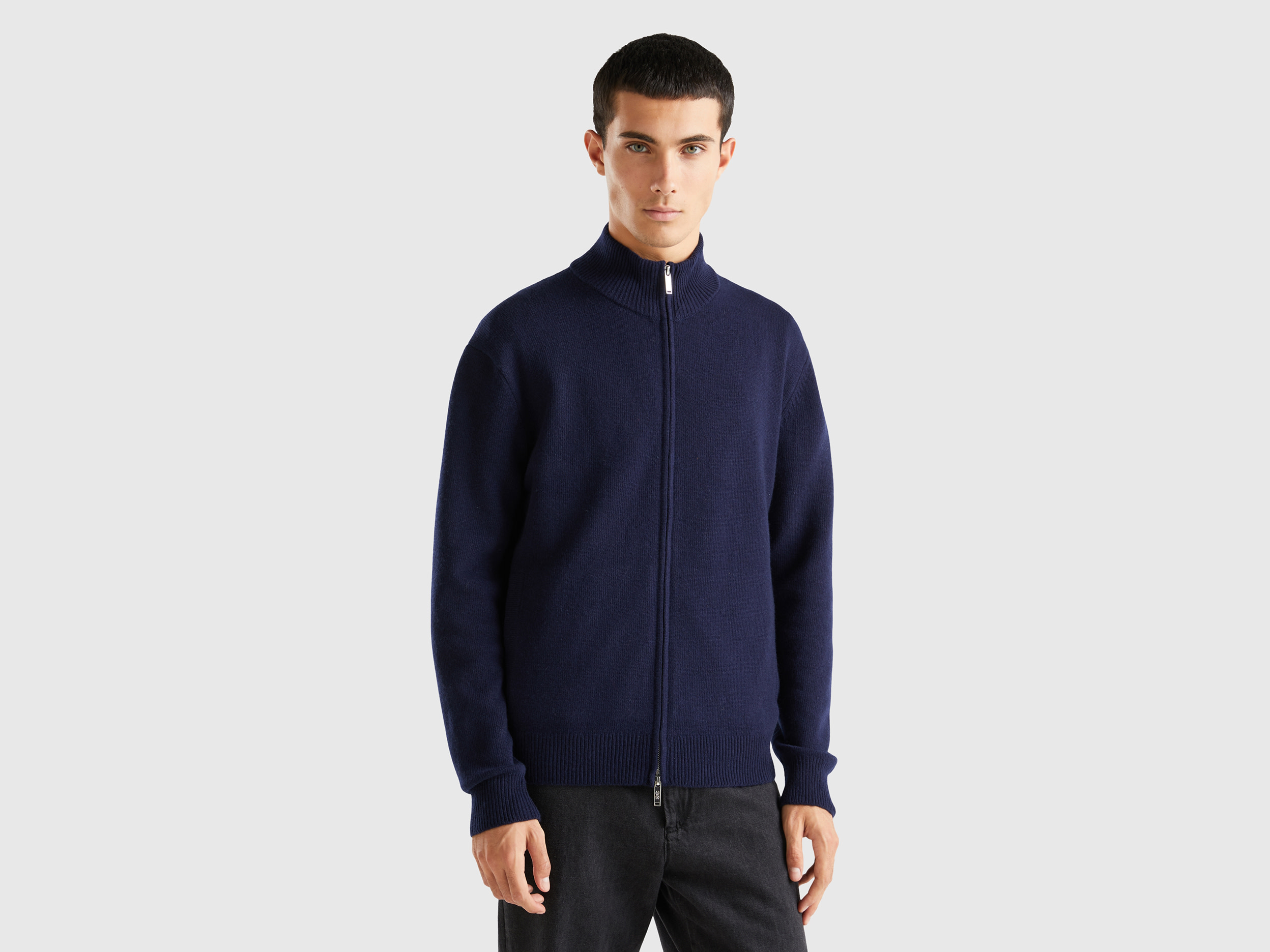 Benetton, Zip-up Sweater In Wool Blend, size S, Dark Blue, Men