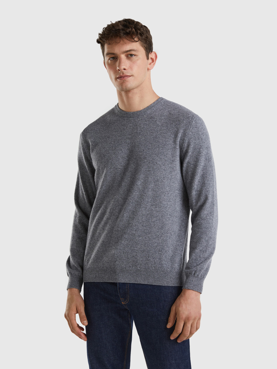 Benetton, Dark Gray Crew Neck Sweater In Pure Merino Wool, Dark Gray, Men