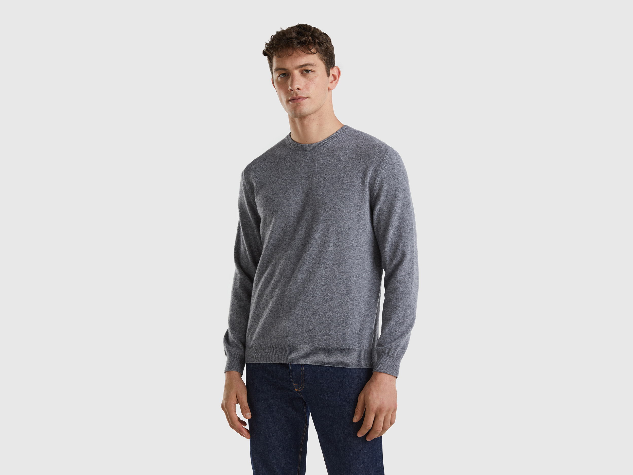 Benetton, Dark Gray Crew Neck Sweater In Pure Merino Wool, size XL, Dark Gray, Men