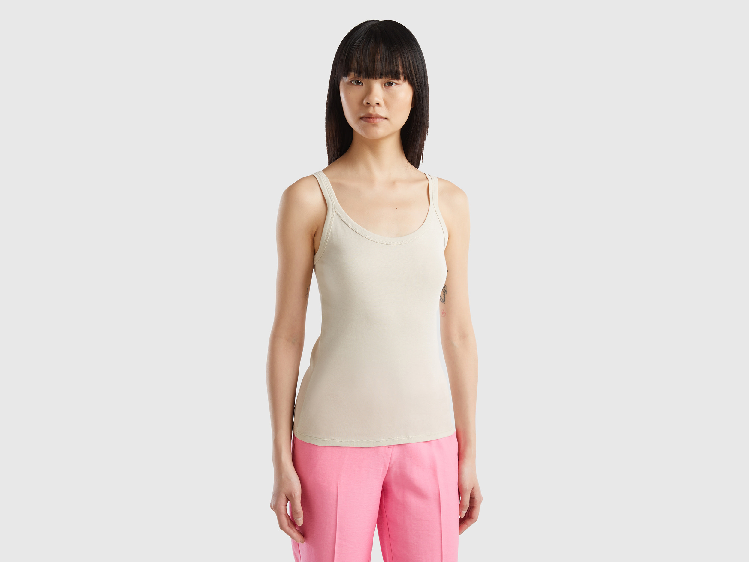 Benetton, Canotta Beige In Puro Cotone, Bianco Panna, Donna