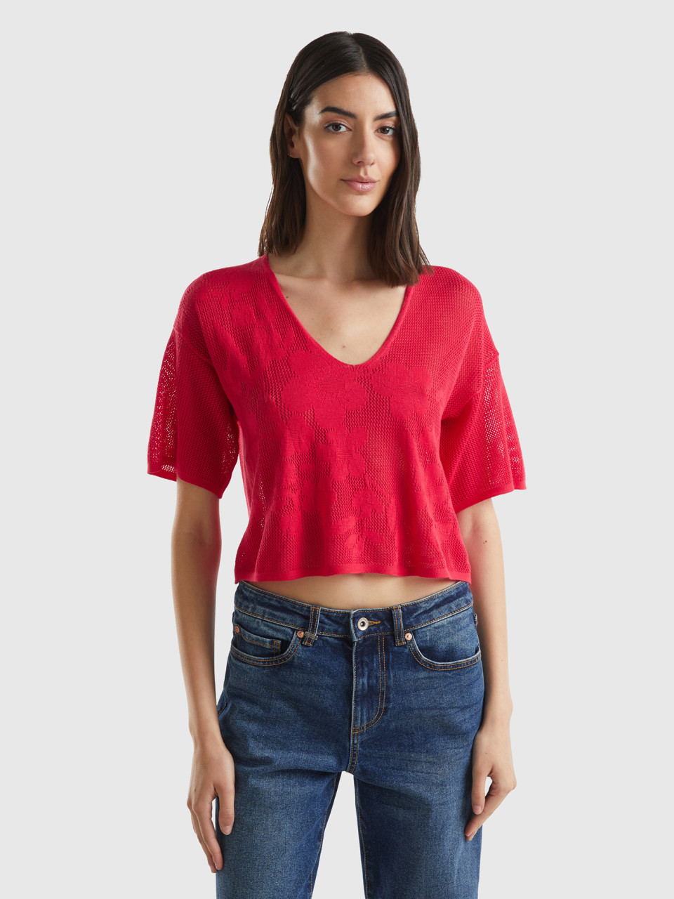 Benetton, T-shirt À Imprimé Fleurs, Rouge, Femme