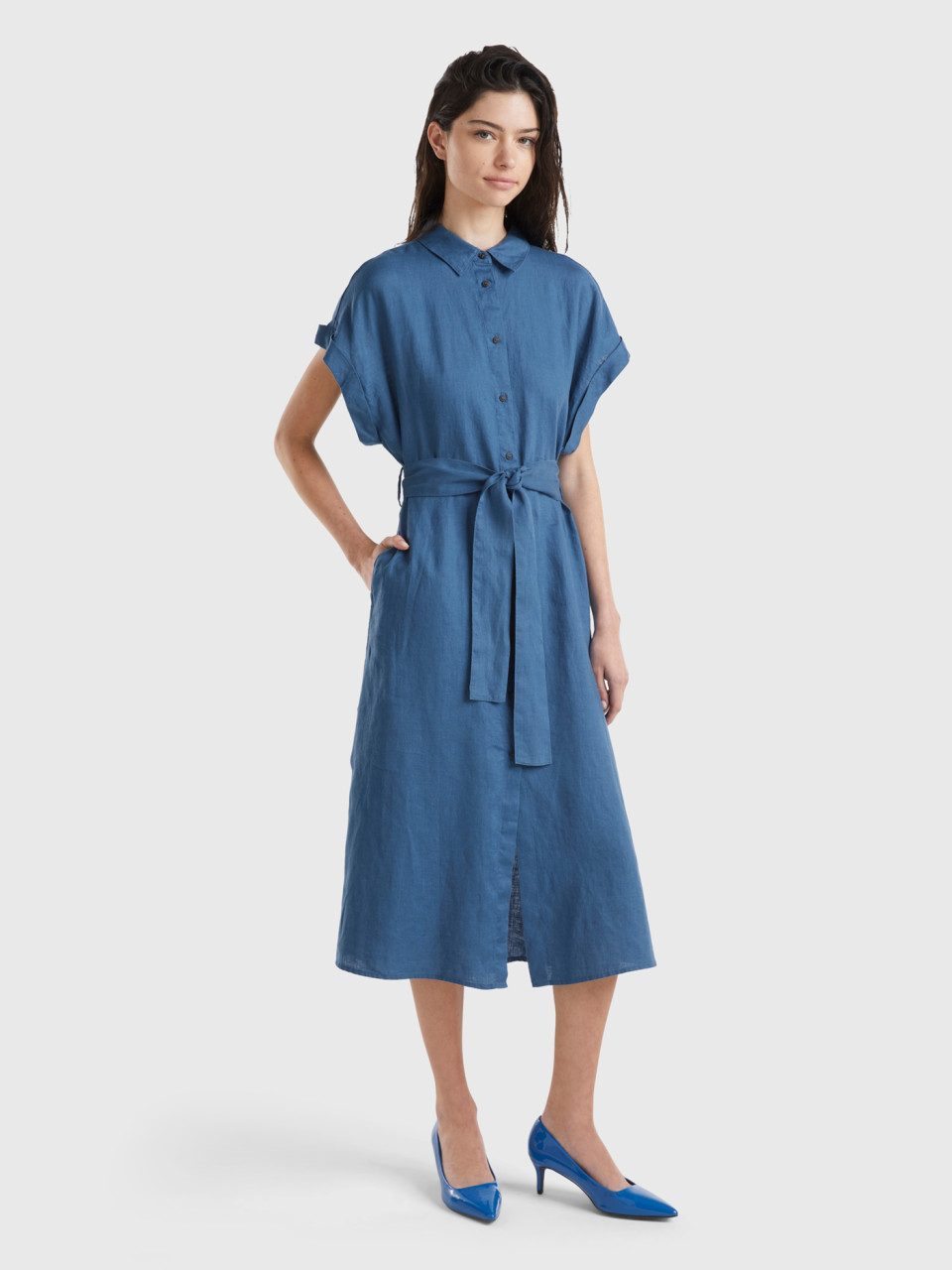 Benetton, Midi Shirt Dress In Pure Linen, Air Force Blue, Women