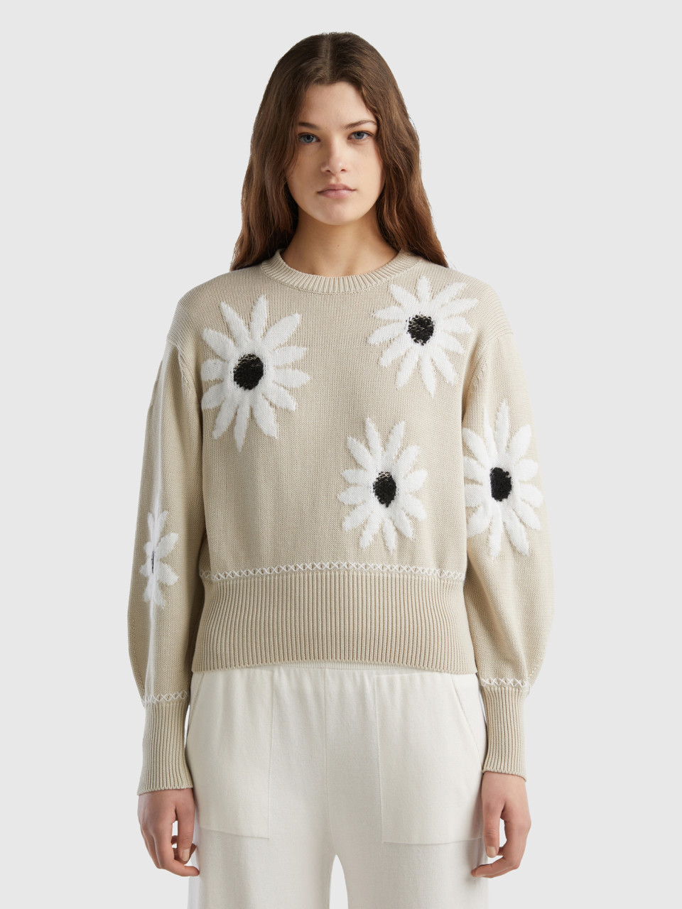 Benetton, Sweater With Floral Inlay, Beige, Women