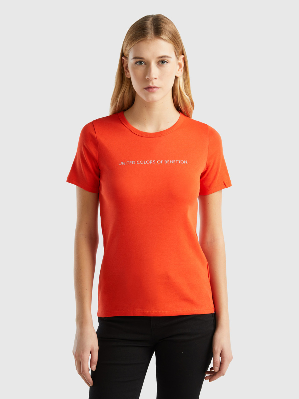 Benetton, Camiseta De 100% Algodón Con Estampado De Logotipo Con Glitter, Rojo, Mujer