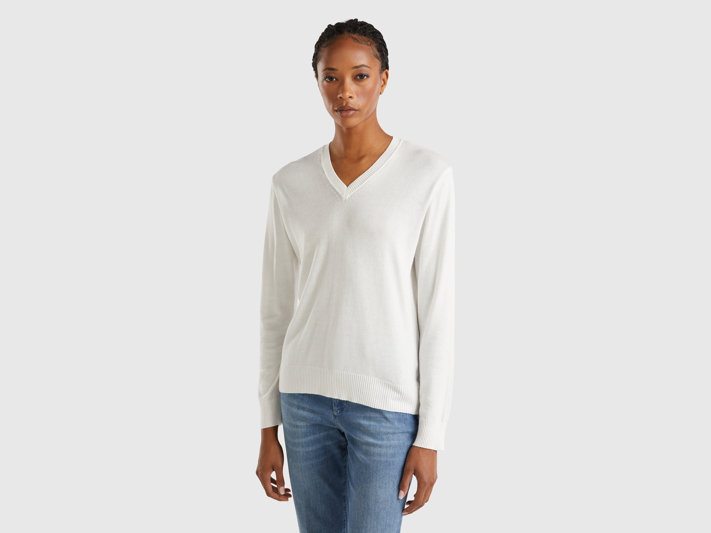 Benetton, Maglia Scollo A V In Misto Modal®, Bianco Panna, Donna