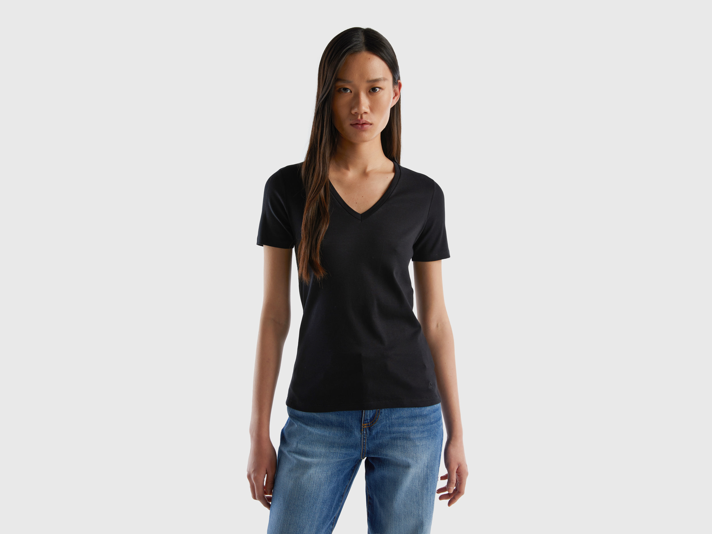 Benetton, Pure Cotton T-shirt With V-neck, size S, Black, Women