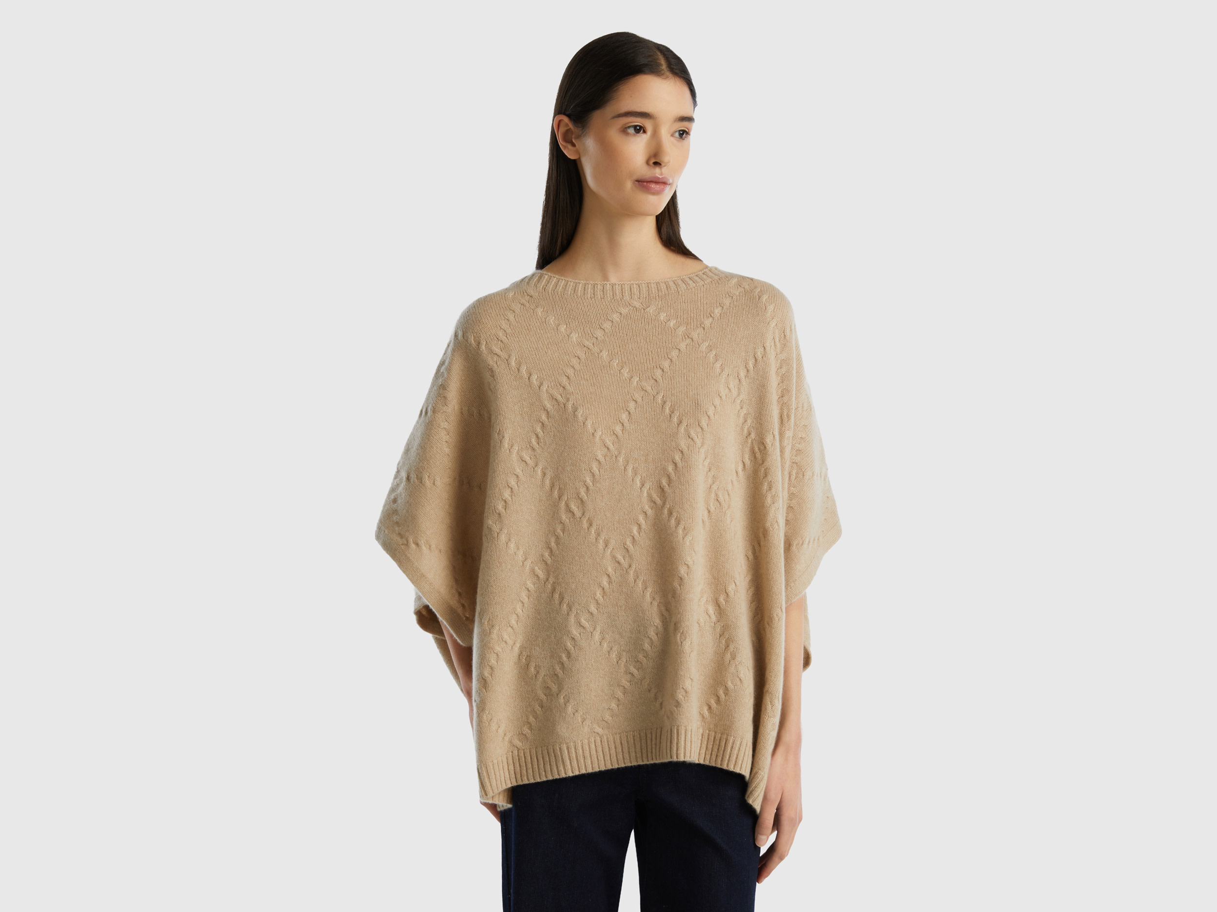 Benetton, Mantella A Losanghe In Puro Cashmere, Beige, Donna