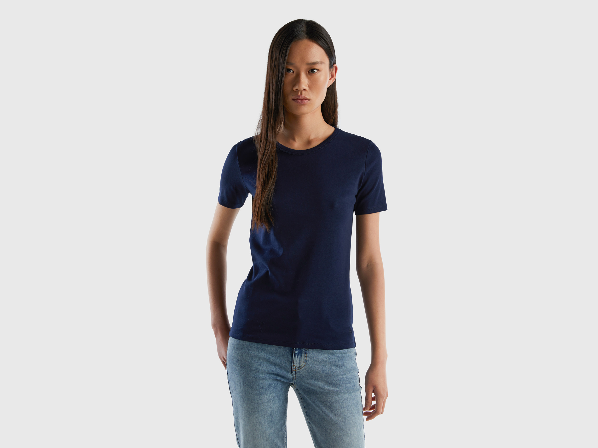 Benetton, T-shirt Aus Langfaseriger Baumwolle, größe S, Dunkelblau, female