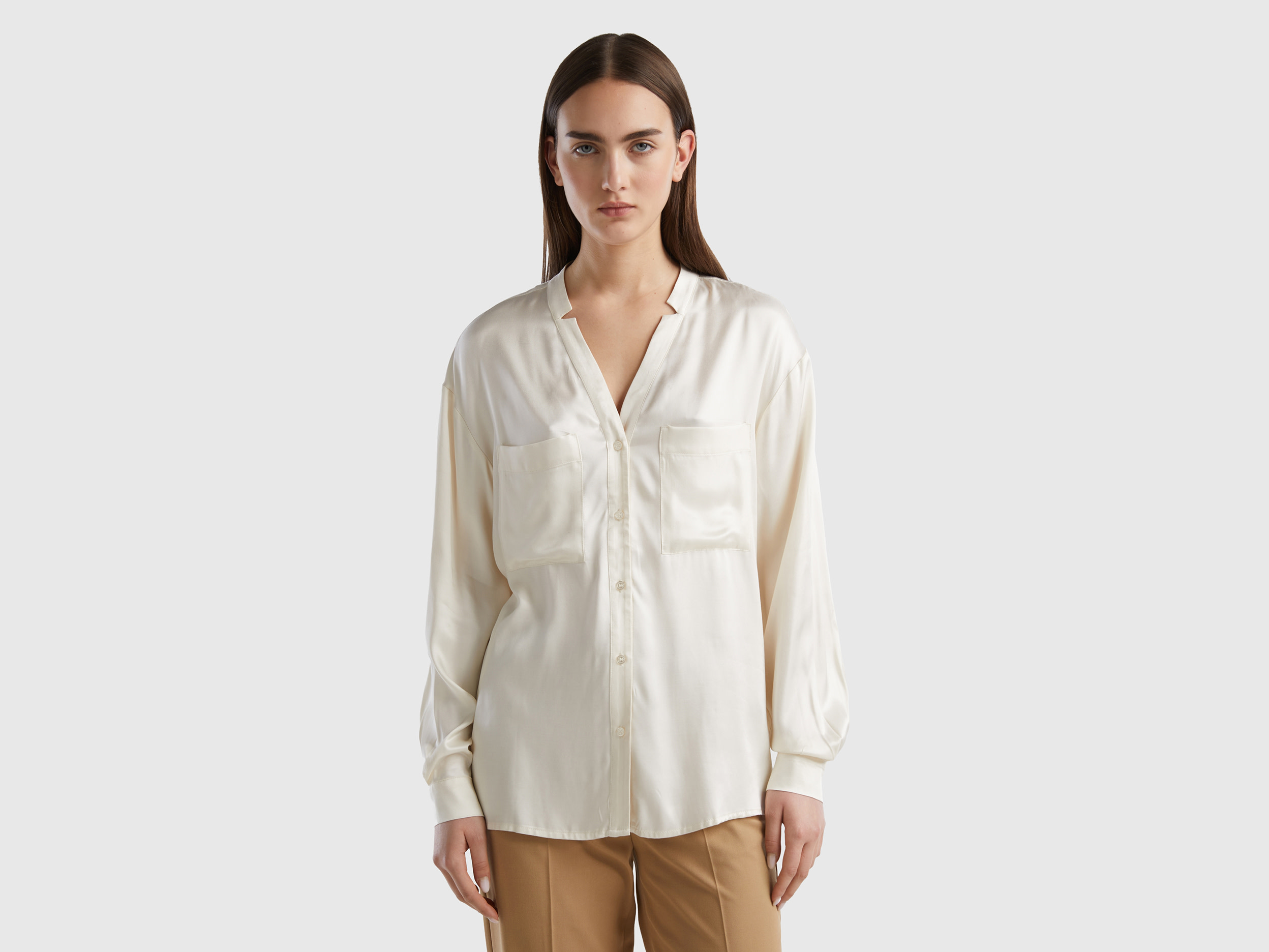 Benetton, Pure Viscose Shirt With Pockets, size XL, Creamy White, Women