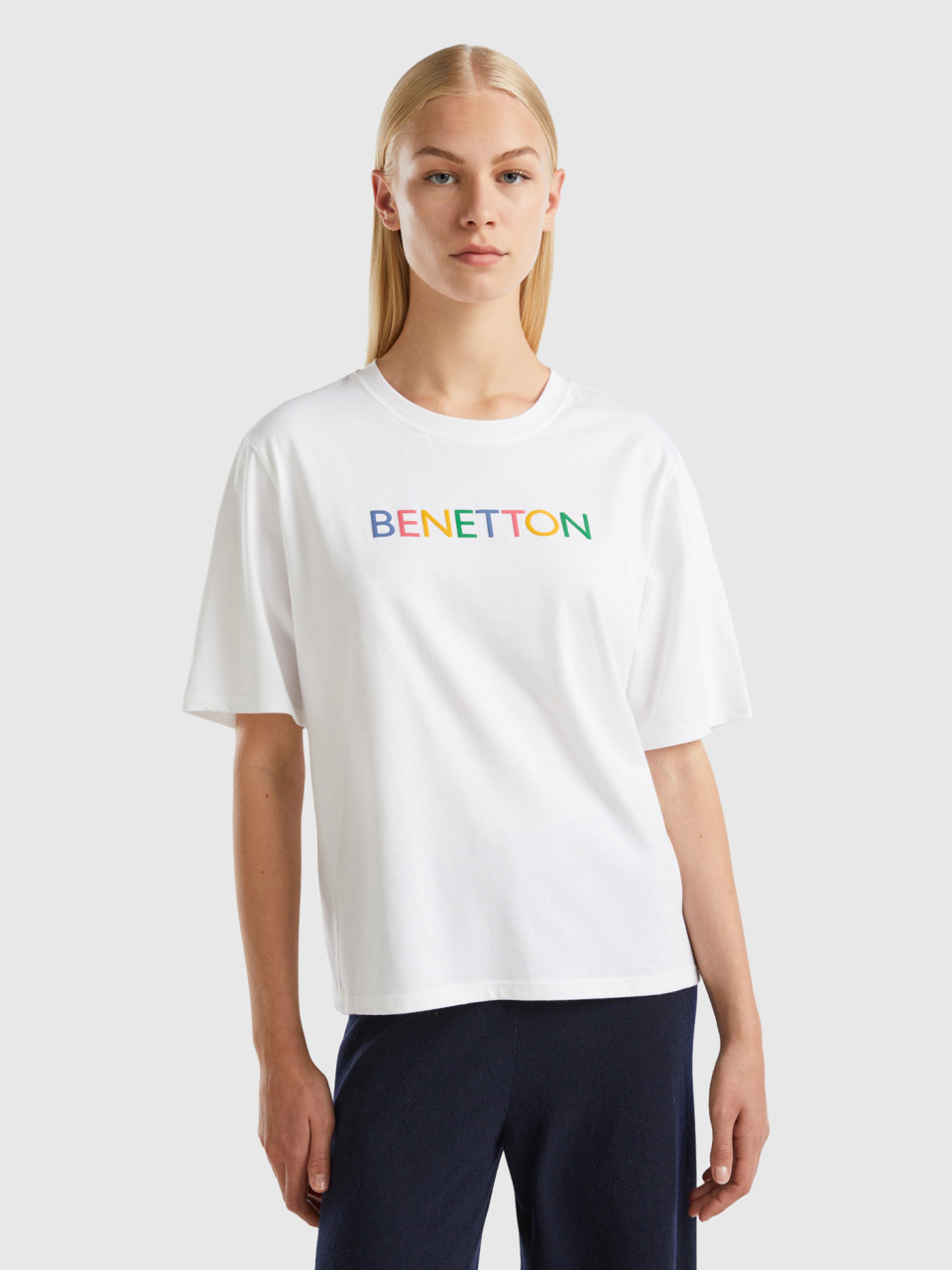 Benetton, T-shirt Avec Inscription Logo, Blanc, Femme