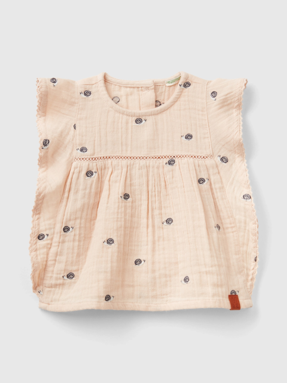 Benetton, Blouse With Ruffles And Embroidery, Peach, Kids