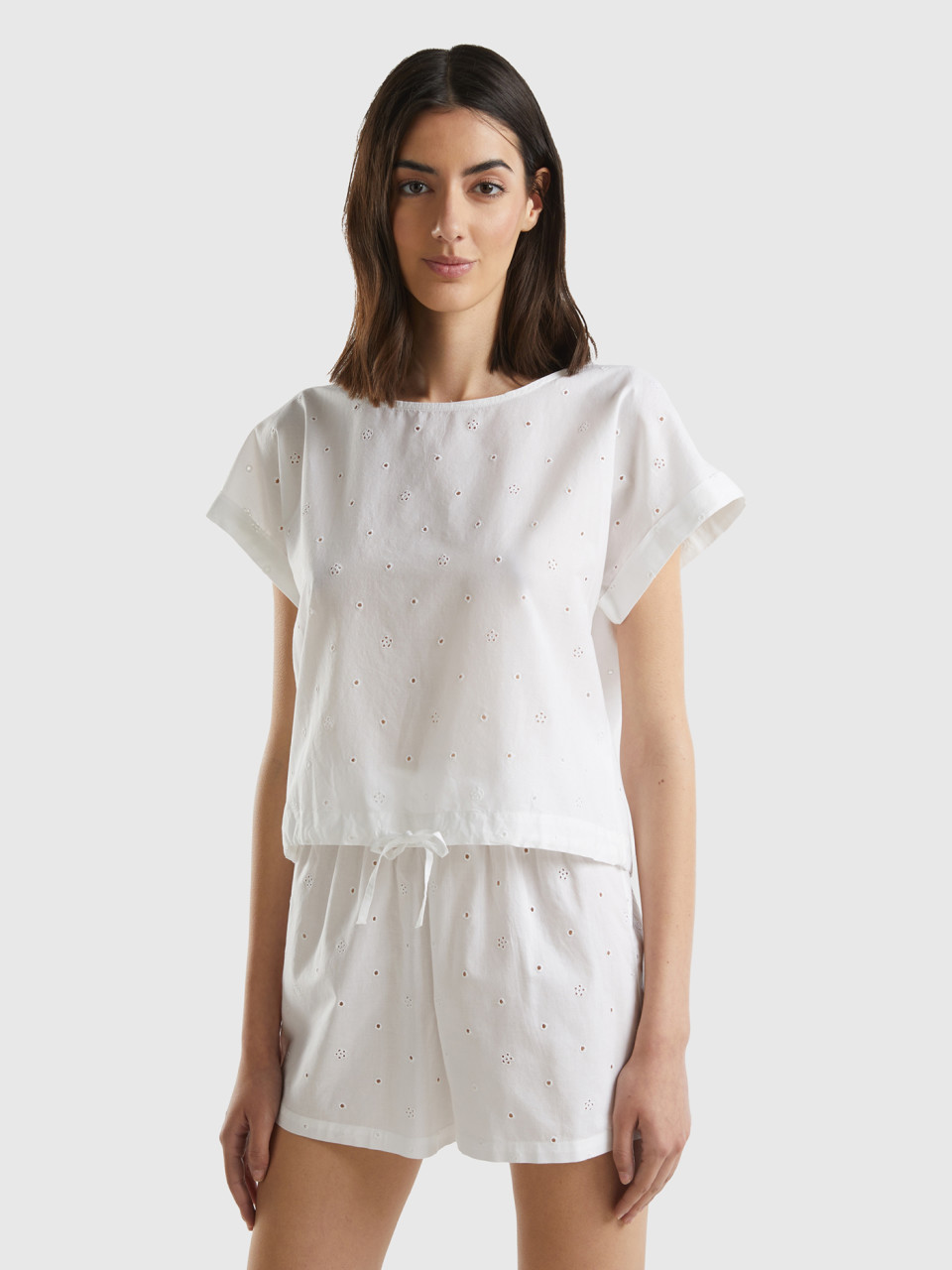 Benetton, Top With Broderie Anglaise, White, Women