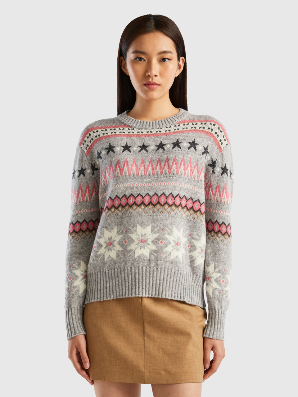 Benetton, Boxy Fit Sweater With Geo Patterns, Light Gray, Women