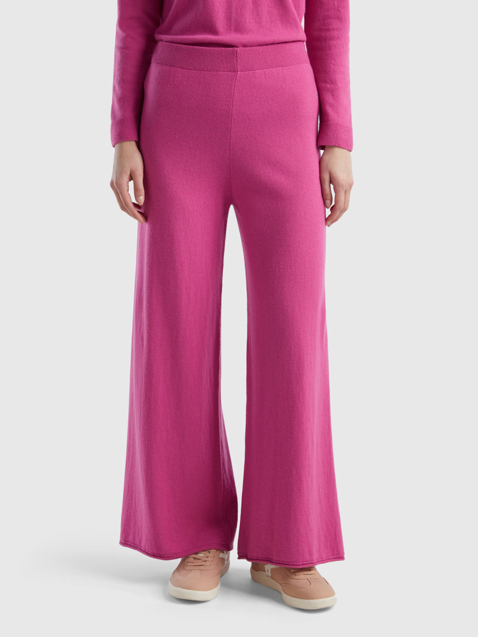 Benetton, Pink Wide Trousers In Cashmere And Wool Blend, Pink, Women
