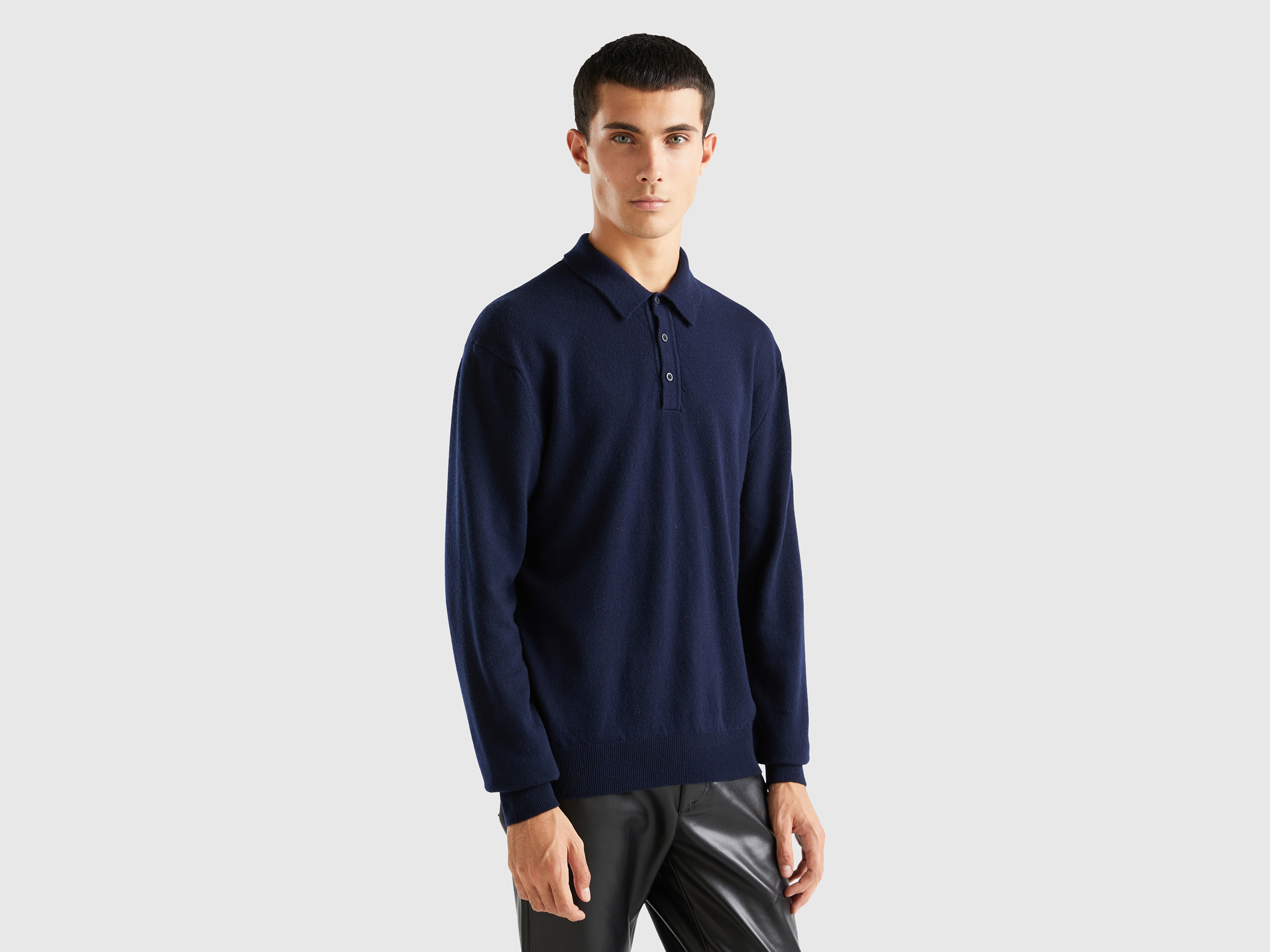 Benetton, Dark Blue Polo Shirt In Pure Merino Wool, size XXL, Dark Blue, Men