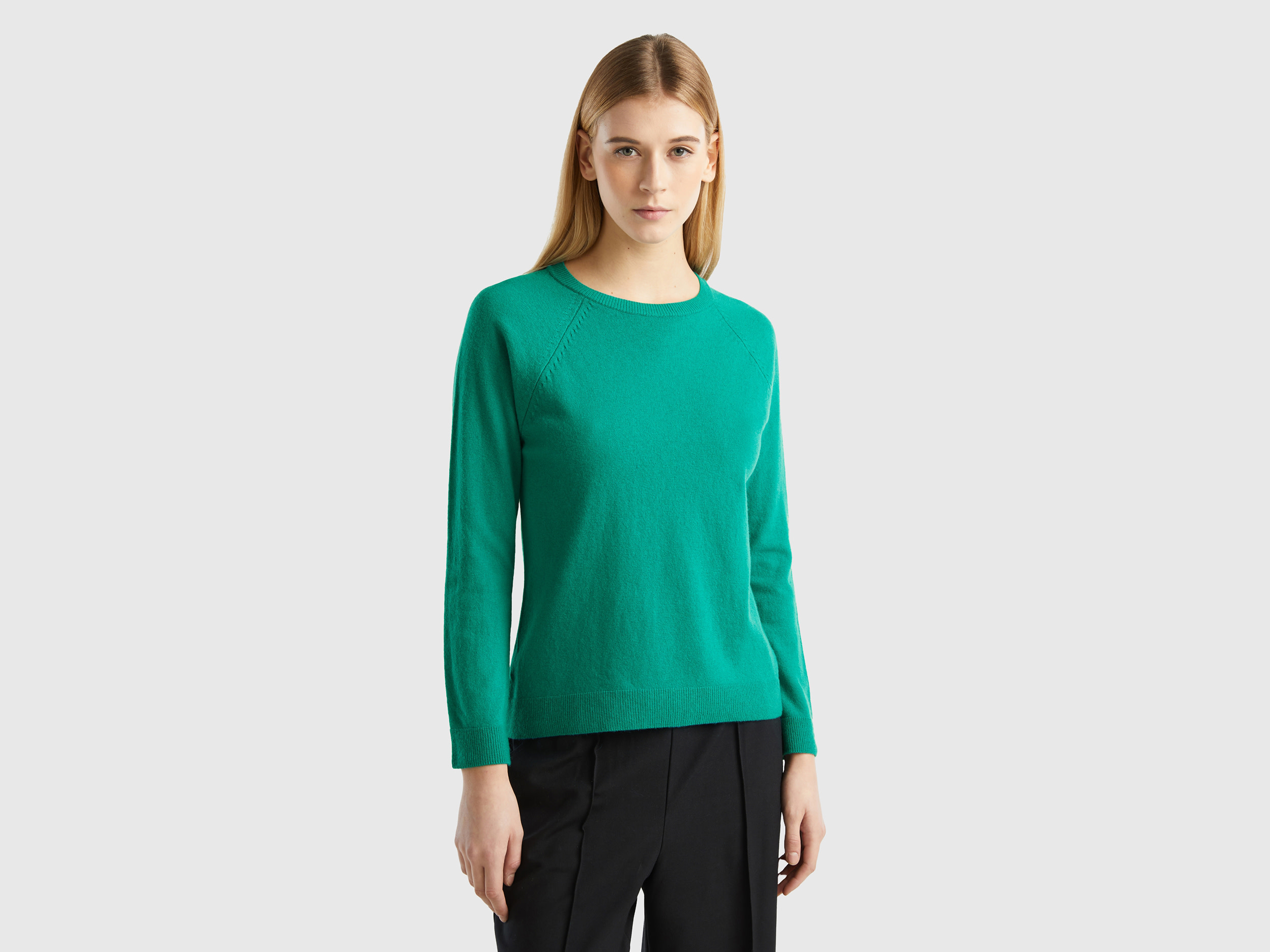 Benetton, Aqua Green Crew Neck Sweater In Wool And Cashmere Blend, size L, Aqua, Women
