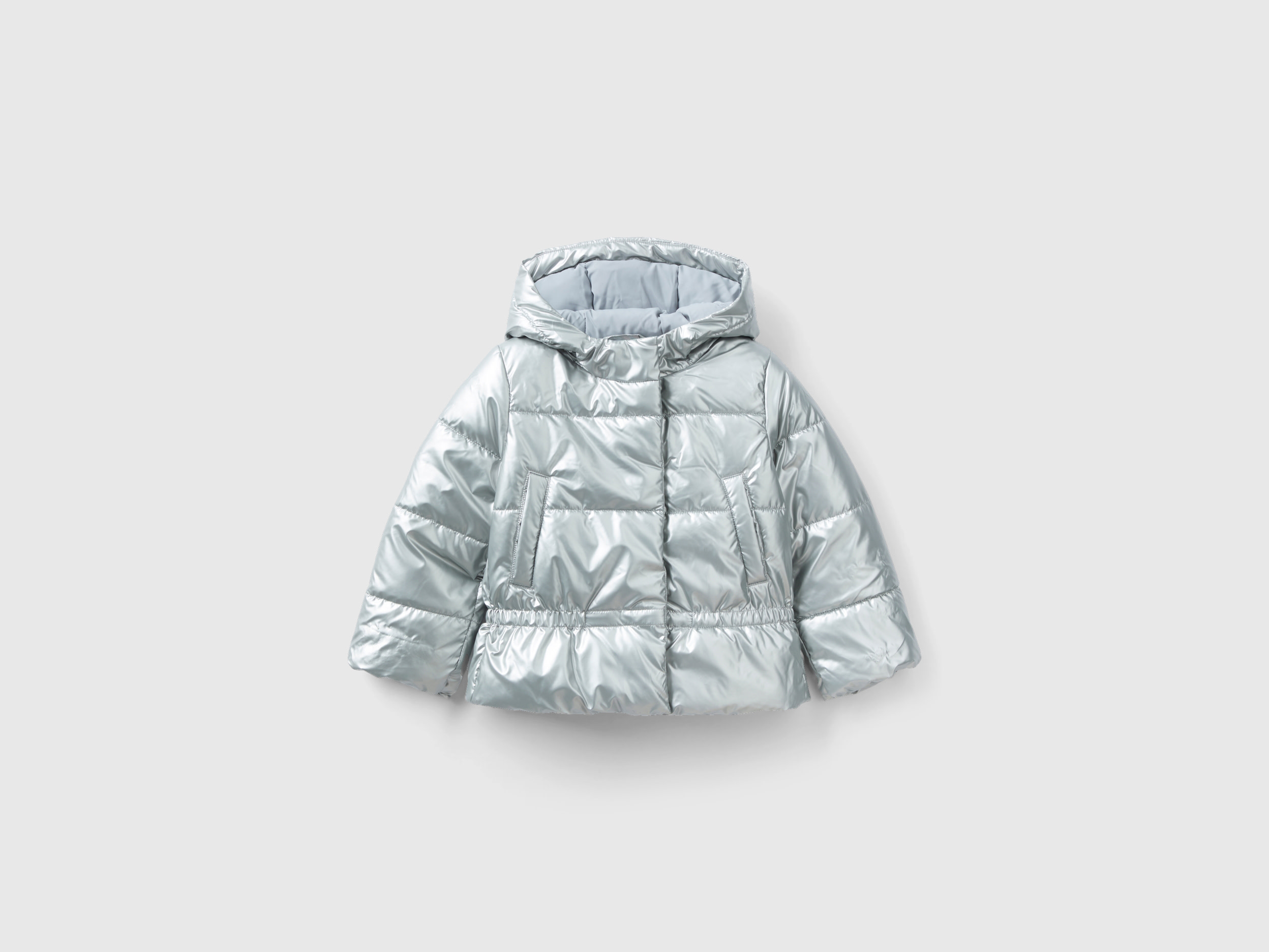 Benetton, Padded Jacket In Glossy Nylon, size 5-6, Silver, Kids