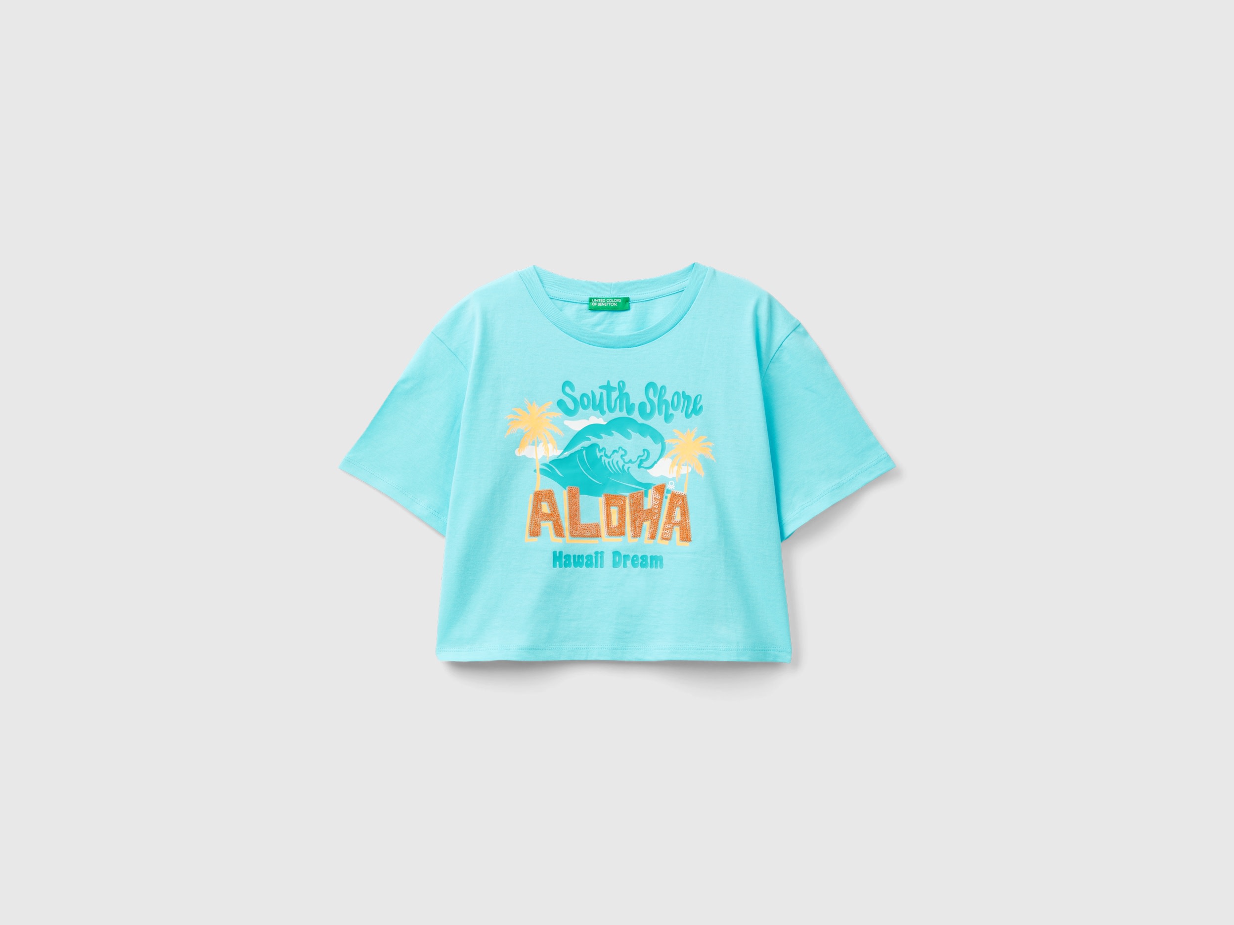 Benetton, Maglietta Boxy Fit Con Stampa, Turchese, Bambini