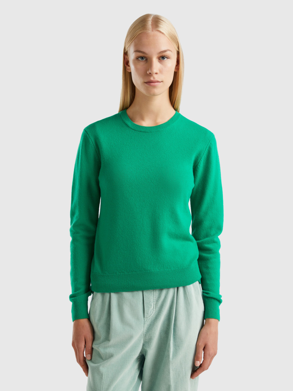 Benetton, Green Crew Neck Sweater In Merino Wool, Green, Women