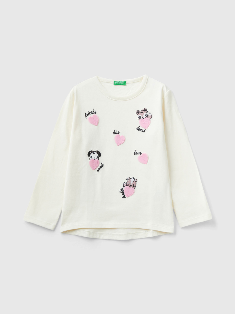 Benetton, T-shirt With Embroidery And Appliques, Creamy White, Kids