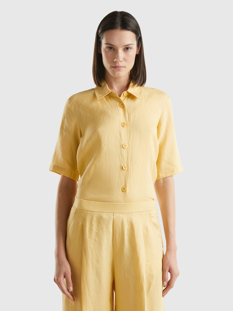 Benetton, Short Shirt In Pure Linen, Yellow, Women