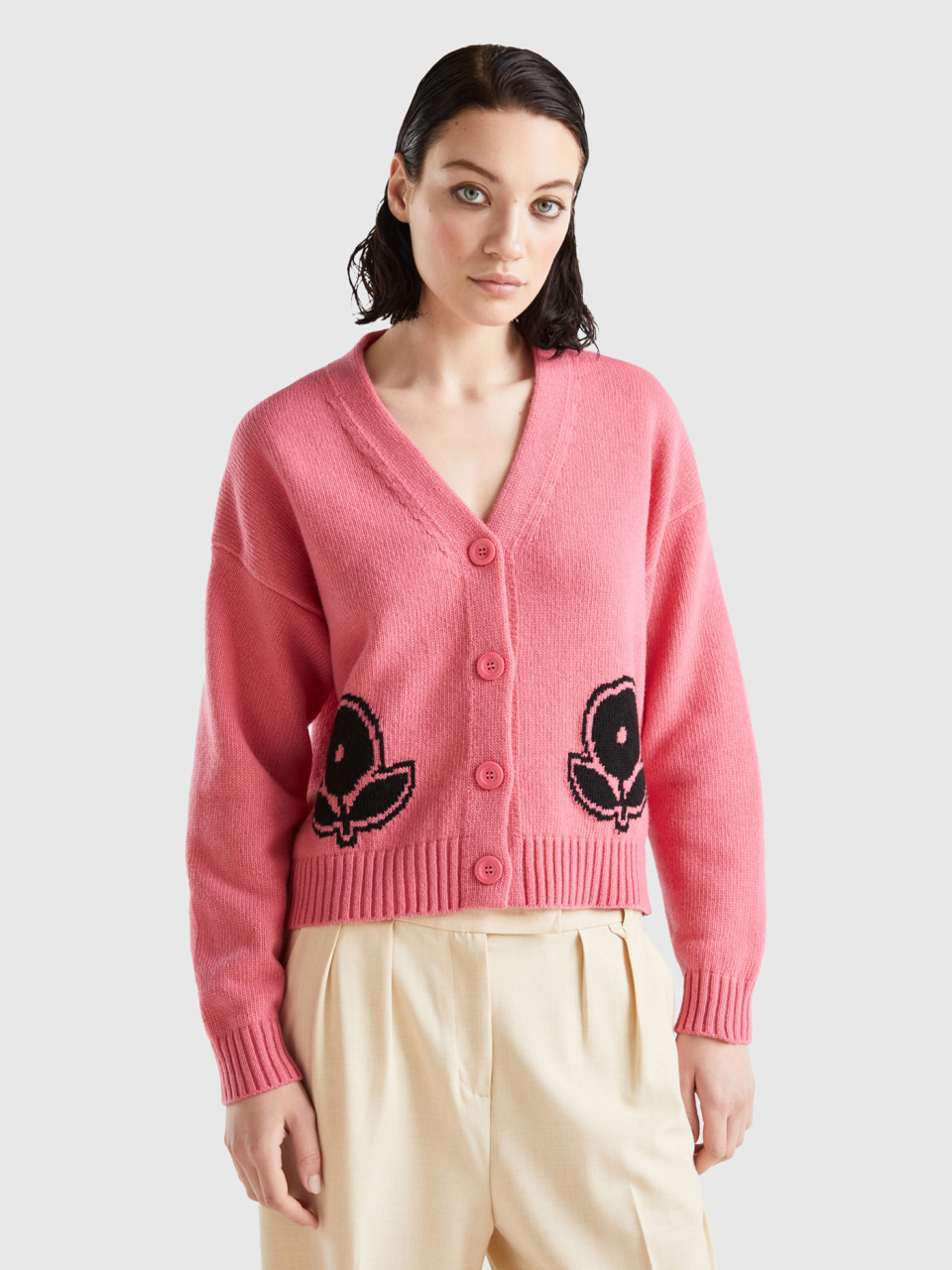 Benetton, Cardigan With Floral Inlay, Pink, Women