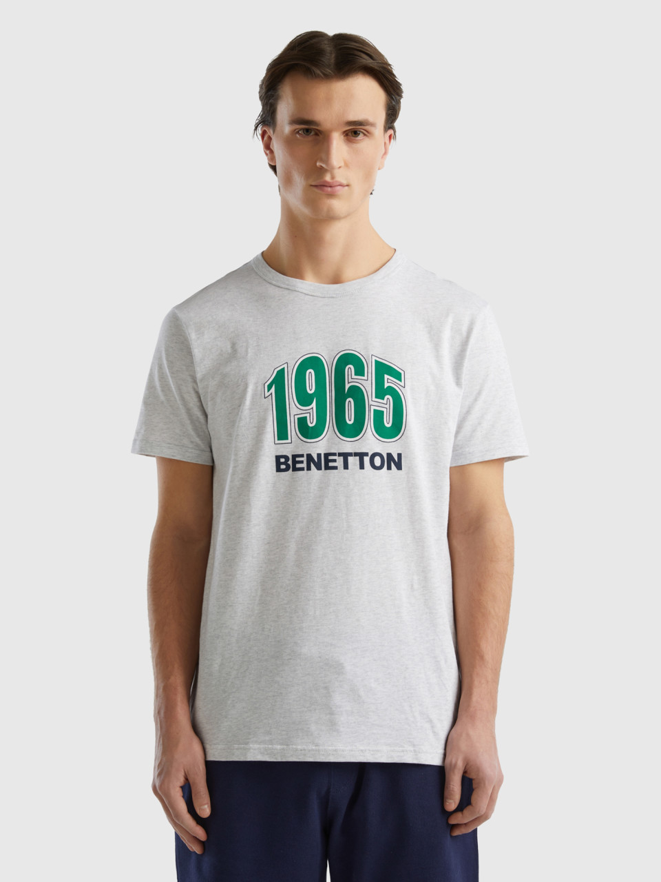 Benetton, Light Gray Organic Cotton T-shirt With Logo Print, Light Gray, Men
