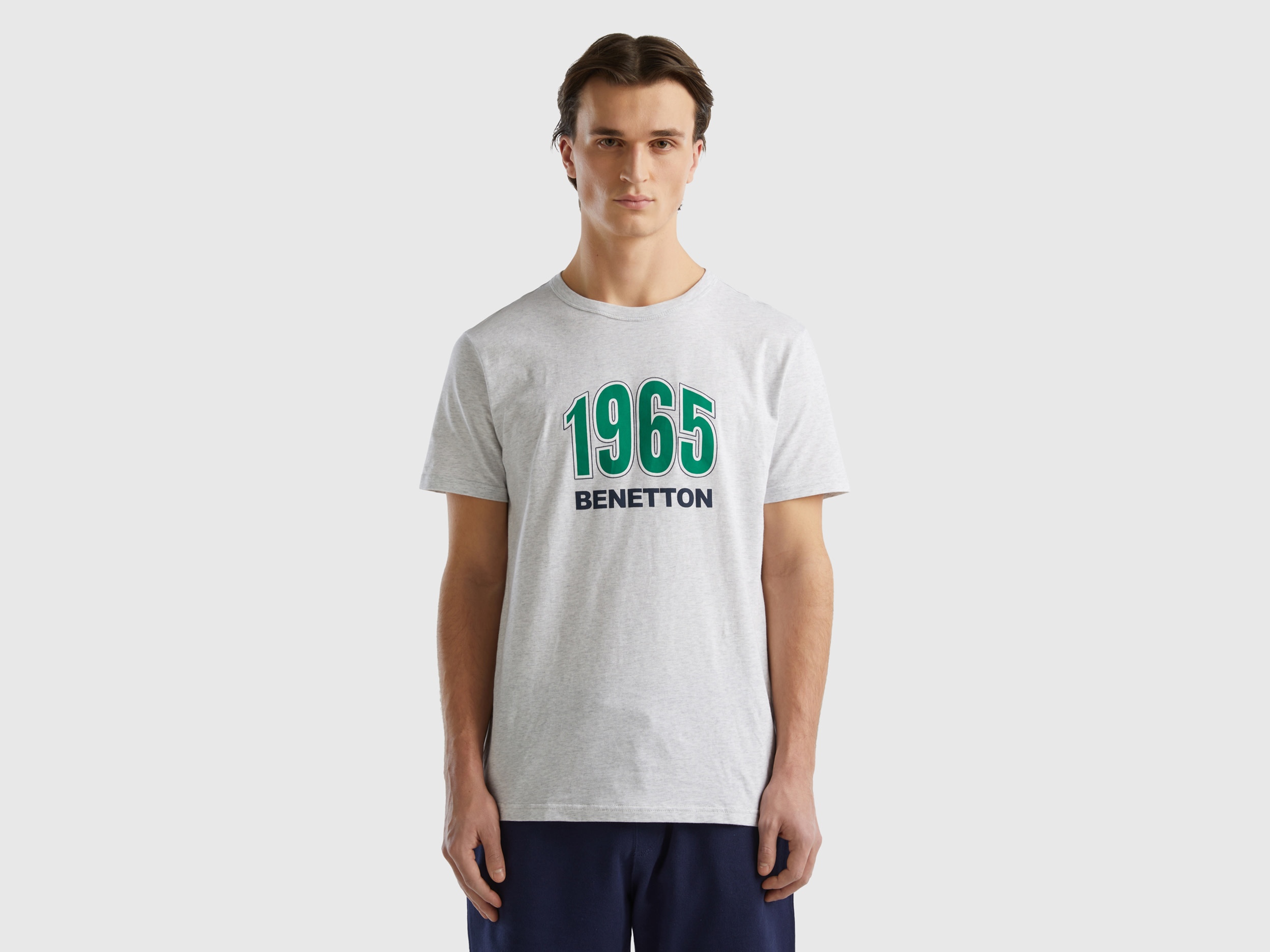 Image of Benetton, Light Gray Organic Cotton T-shirt With Logo Print, size L, Light Gray, Men