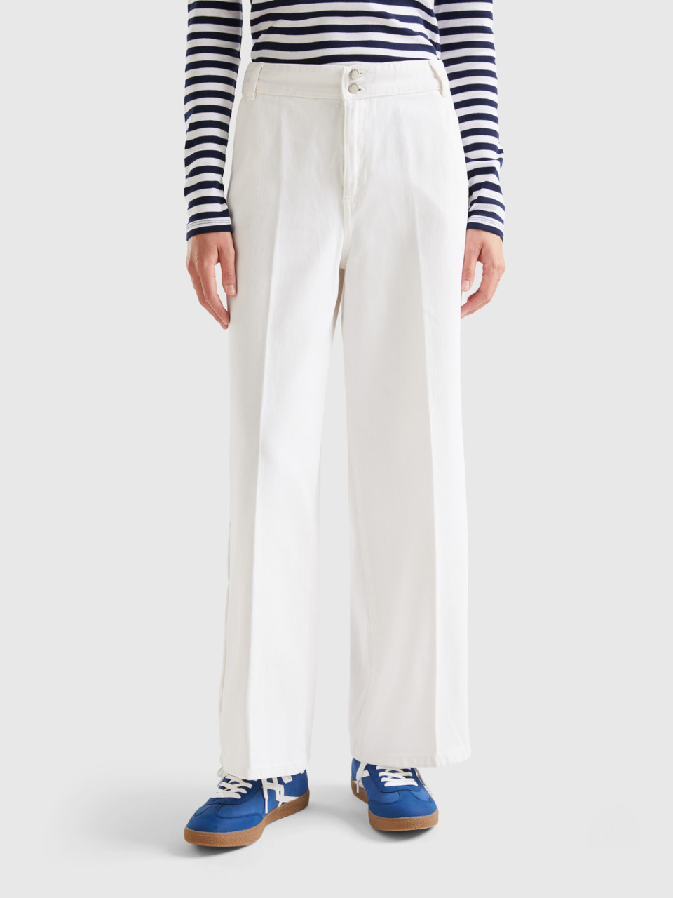 Benetton, High-waisted Trousers With Wide Leg, White, Women